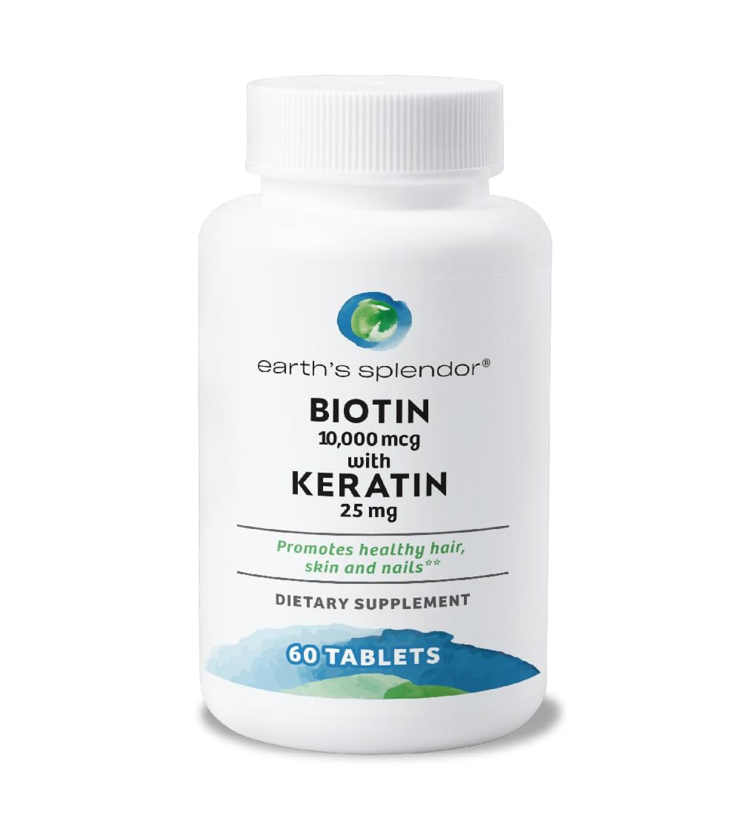 Earth's Splendor Biotin 10 000 mcg + Keratin 25mg Promotes Healthy Hair Strong Nails and Skin Support 60- Day Supply Biotin with Keratin - Buy Online on GoSupps.com