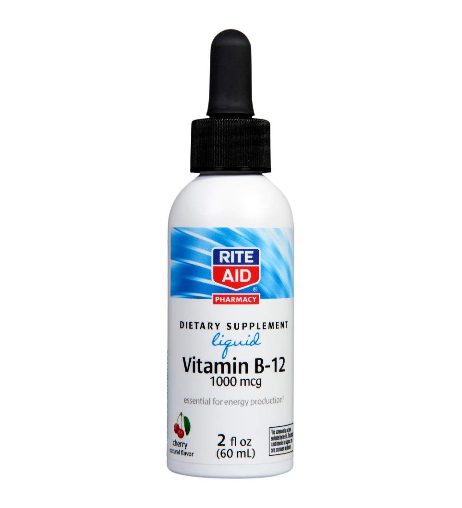 Rite Aid Vitamin B12 Liquid 1000 mcg Cherry Flavor - 2 fl oz - Energy Support - Sublingual B12 Supplement - Vitamin B Complex - Energy Supplements - Natural Energy Supplement - Vitamin B12 Complex