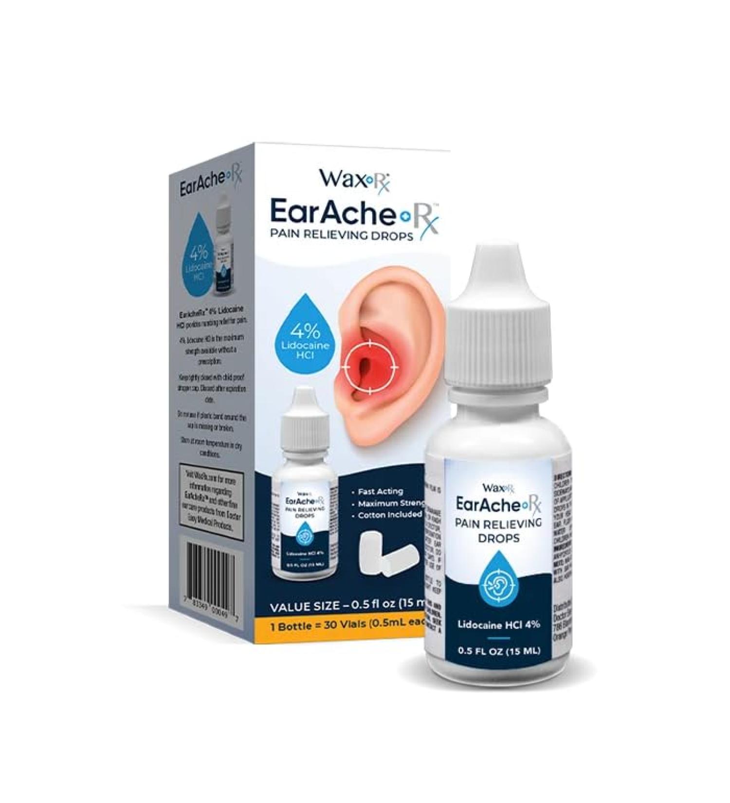 EarAcheRx Pain Relieving Drops by WaxRx 4% Lidocaine Fast-Acting Temporary Numbing Ear Pain Relief Safe for Adults & Children 2+ Includes Cotton Plugs 0.5 fl oz - Buy Online on GoSupps.com