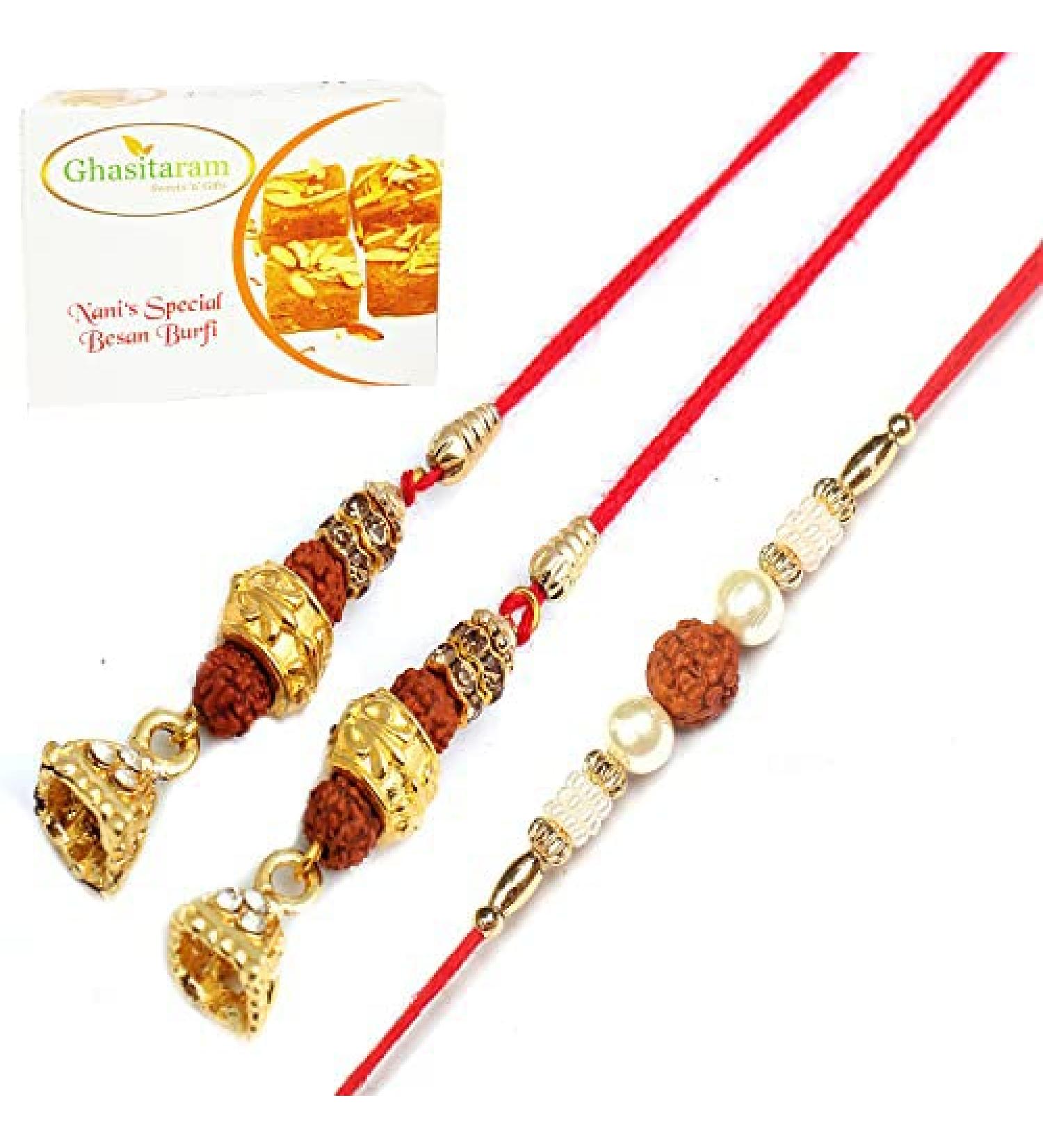 Ghasitaram Gifts Rakhis Online - Rakhi for Brother- The Gratitude pl5602 Bhaiya Bhabhi Rakhi with 400 GMS of Besan Barfi Rakhi Set with 400 gms of Besan Barfi - Buy Online on GoSupps.com