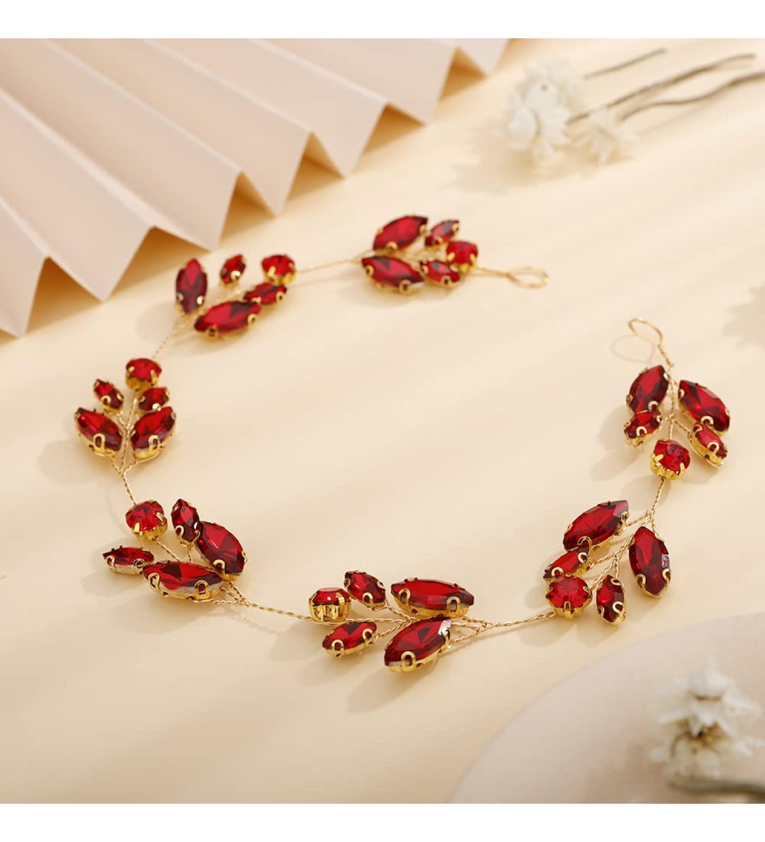 Teyglen Crystal Bride Wedding Headband | Red Rhinestone Bridal Hair Vine - Buy Online on GoSupps.com
