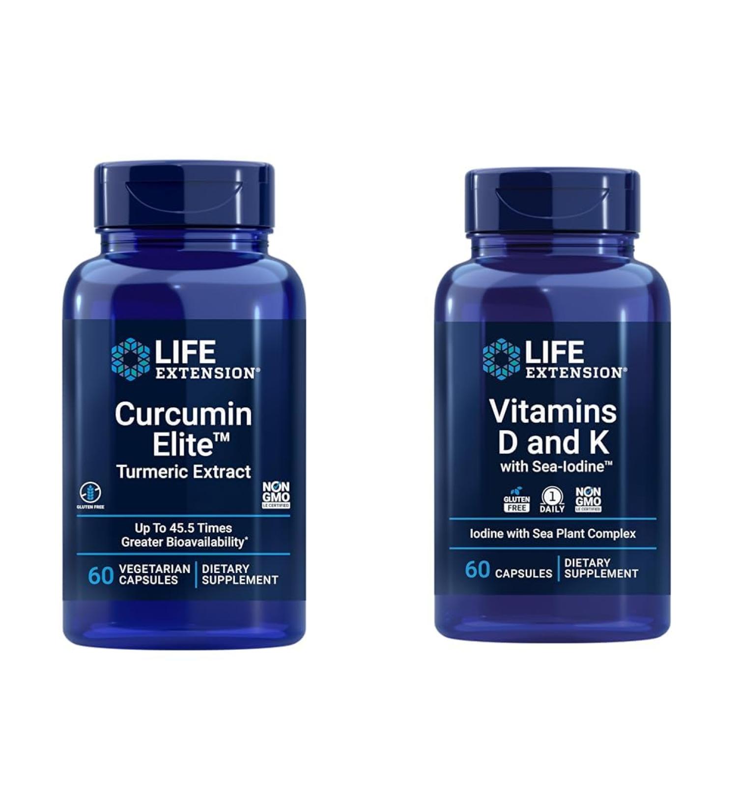 Life Extension Curcumin Elite Turmeric Extract Promotes a Healthy inflammatory Response & Vitamins D and K with Sea-Iodine Vitamin D3 Vitamin K1 and K2 - Buy Online on GoSupps.com