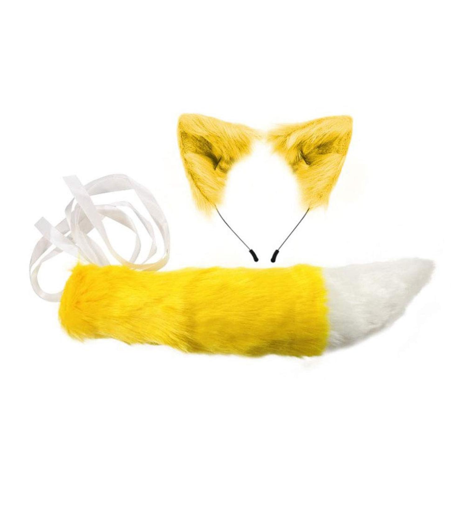 Handmade Fox Ears Headband & Fox Tail Set Soft Faux Fur Fox Costume Fancy Dress Cosplay Animal Dress Up Halloween Party Costume (Yellow)