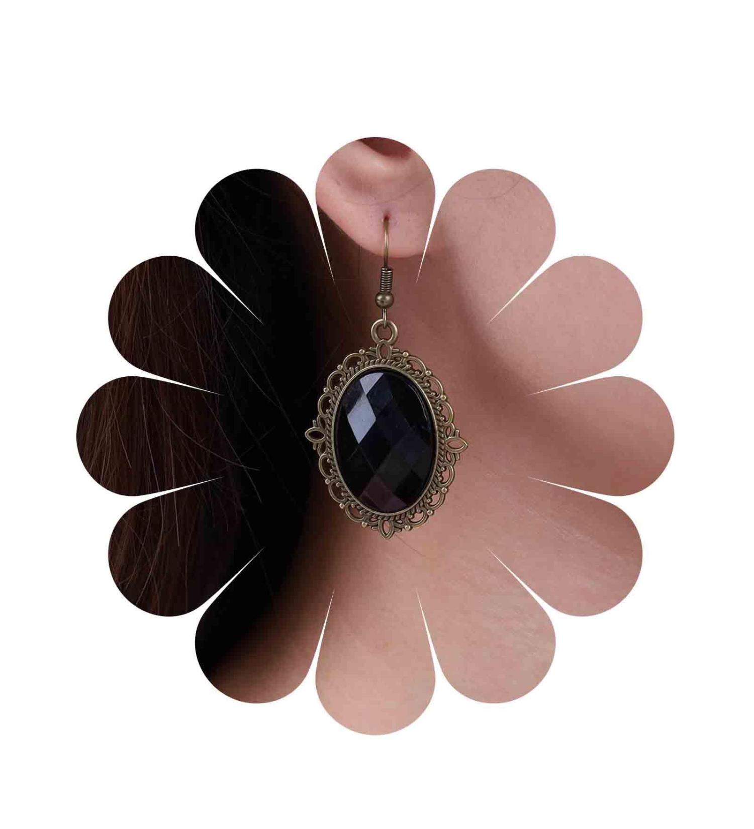Vintage Black Crystal Drop Earrings | Oval Onyx Dangle Jewelry for Women | Large Onyx Stud Earrings & Black Gem Hooks - Buy Online on GoSupps.com