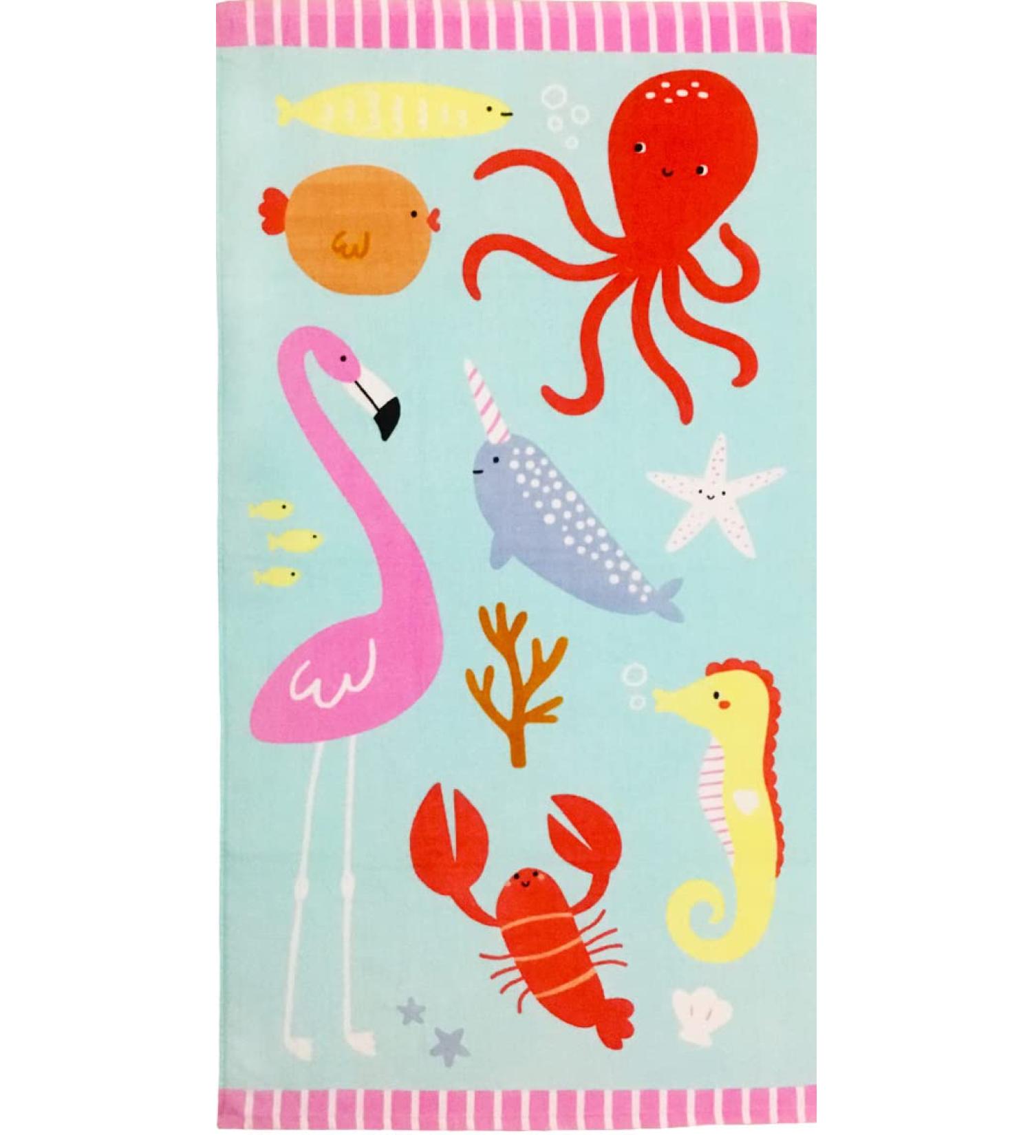 YIFONTIN Kids Beach Towel - 100% Cotton, 25.5x51 inches for Swimming, Bath, Travel - Flamingo, Lobster, Octopus Design - Ocean Park Theme - Buy Online on GoSupps.com