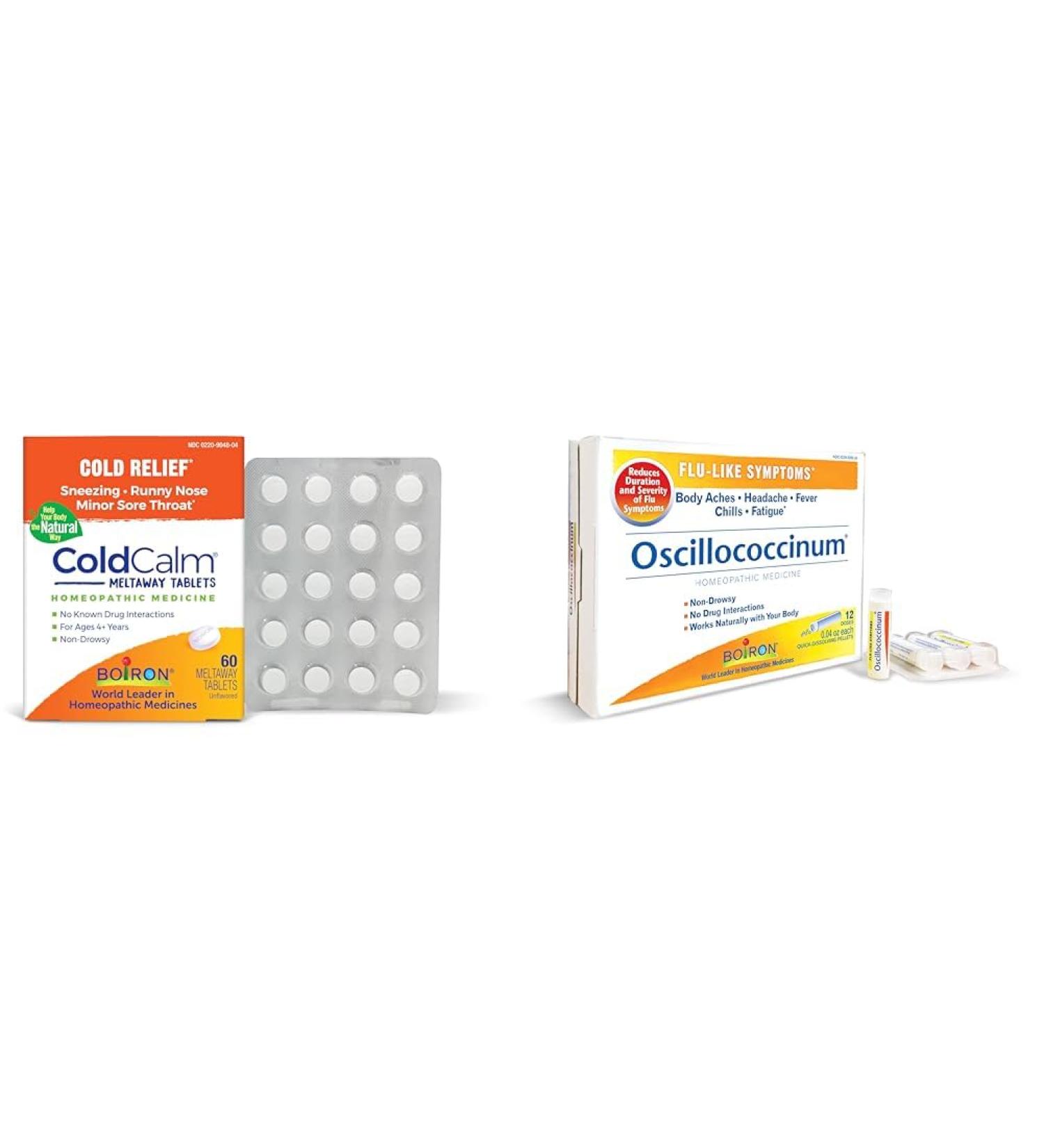 Boiron ColdCalm Tablets for Relief of Common Cold Symptoms Such as Sneezing & Oscillococcinum for Relief from Flu-Like Symptoms of Body Aches Headache Fever Chills and Fatigue - 12 Count - Buy Online on GoSupps.com