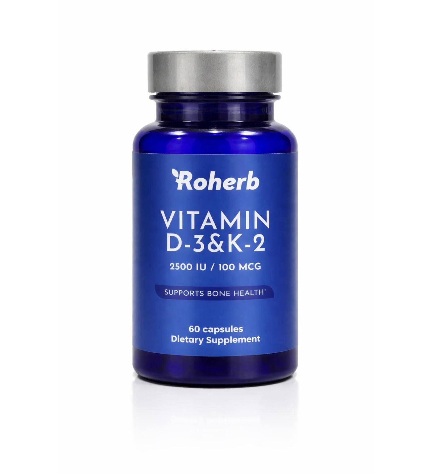Roherb Vitamin D3 & K2 Capsules 2500 IU Vitamin D3 with 100 mcg Vitamin K2 (MK-7) Halal 60 Capsules - Buy Online on GoSupps.com