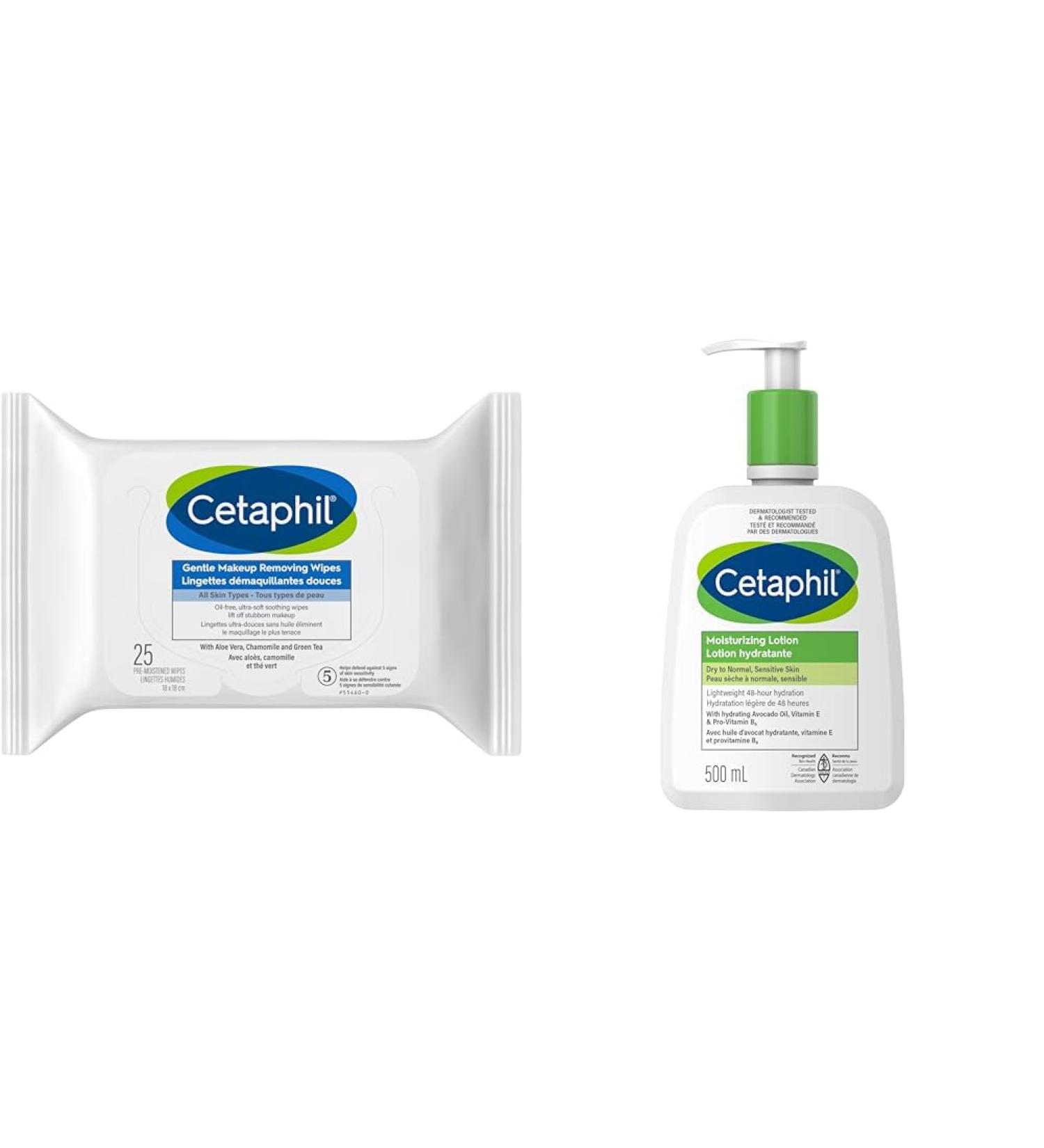 Cetaphil Gentle Makeup Removing Wipes with Aloe Vera Chamomile and Green Tea - Fragrance-Free & Moisturizing Lotion (500ml) - Hydrating Body Lotion and Moisturizer 25 Count (Pack of 1) Makeup Removing Wipes Wipes+ Lotion - Buy Online on GoSupps.com