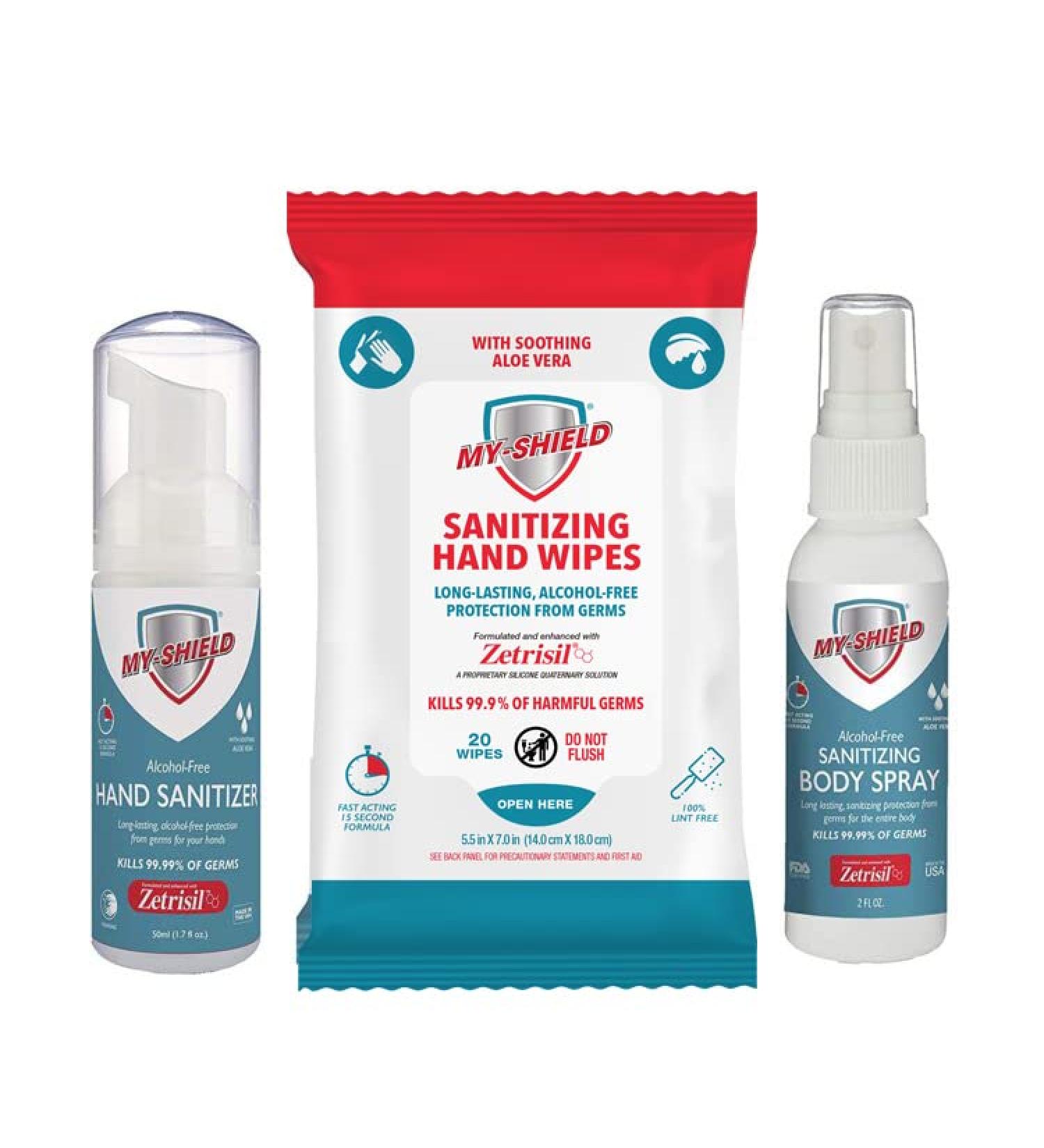 Alcohol-Free My-Shield Travel Bundle: Hand Sanitizer Foam, Travel Wipes & Body Spray - Kills 99.9% of Germs, Aloe Vera Moisturizing Protection - Buy Online on GoSupps.com