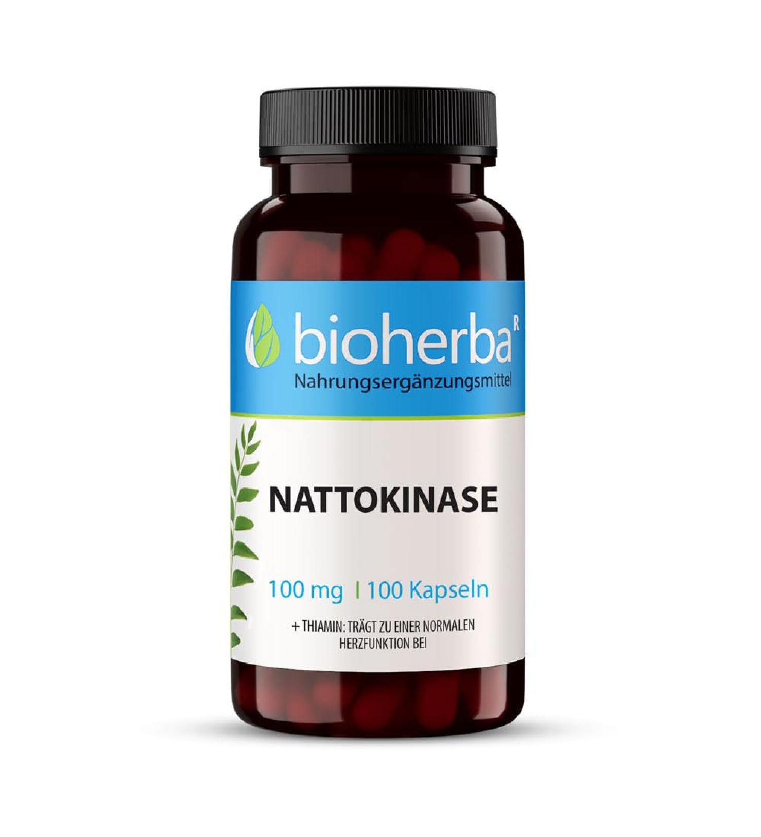 BIOHERBA Nattokinase capsules high dose - 100 capsules each 100 mg - With vitamin B1 - 100 days supply - Enzyme Nattokinase from Natto extract - No unwanted additives - without genetic engineering - PZN: 17192558