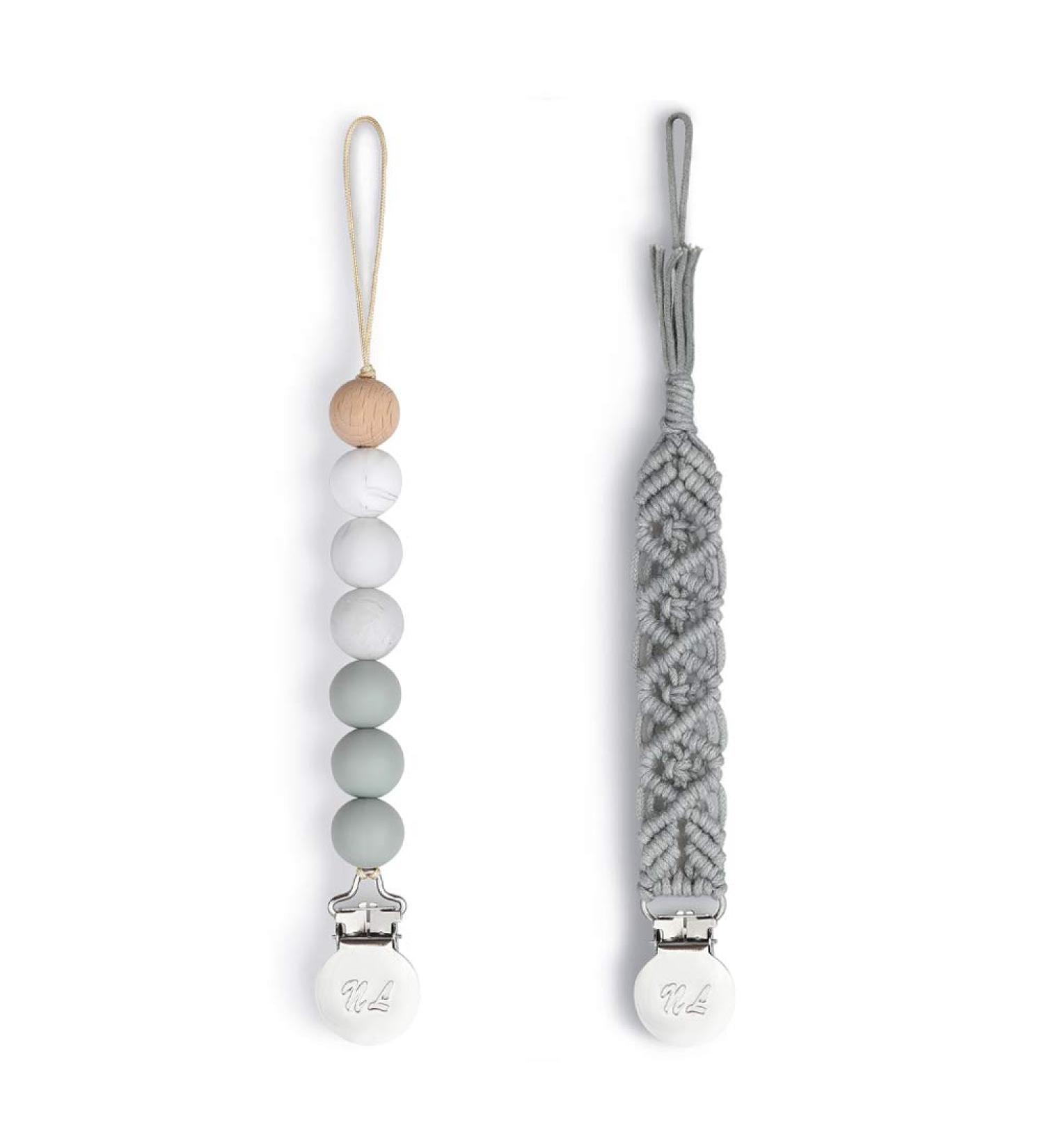 Pacifier Clips 2-Pack: Grey Binky Holder & Cotton Rope Natural Teething Holder for Baby Shower Gifts - Buy Online on GoSupps.com