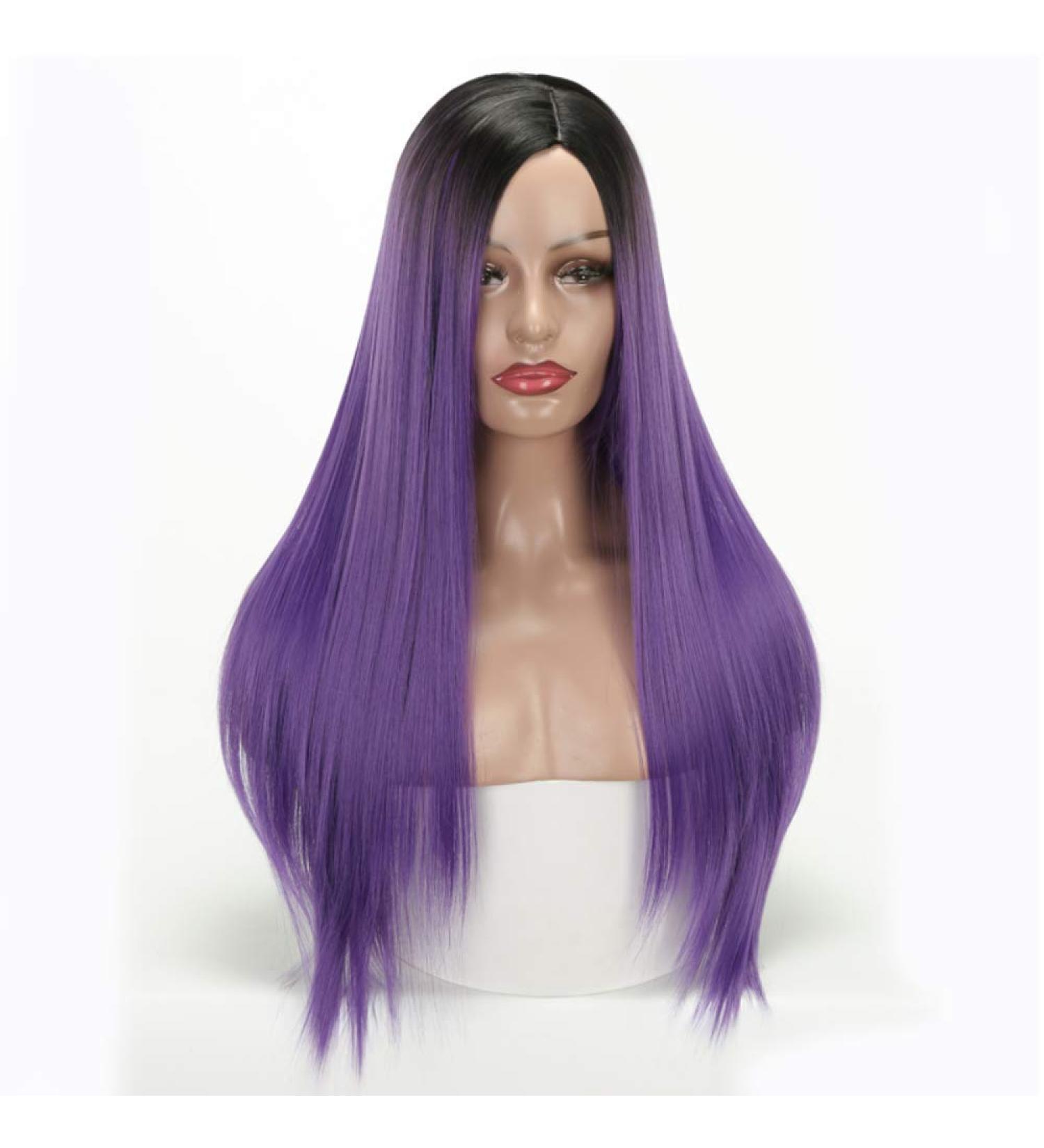 SHIYID Long Straight Synthetic Wig - Black Purple Green Styles for Black Women | Chemical Fiber Wigs - Buy Online on GoSupps.com