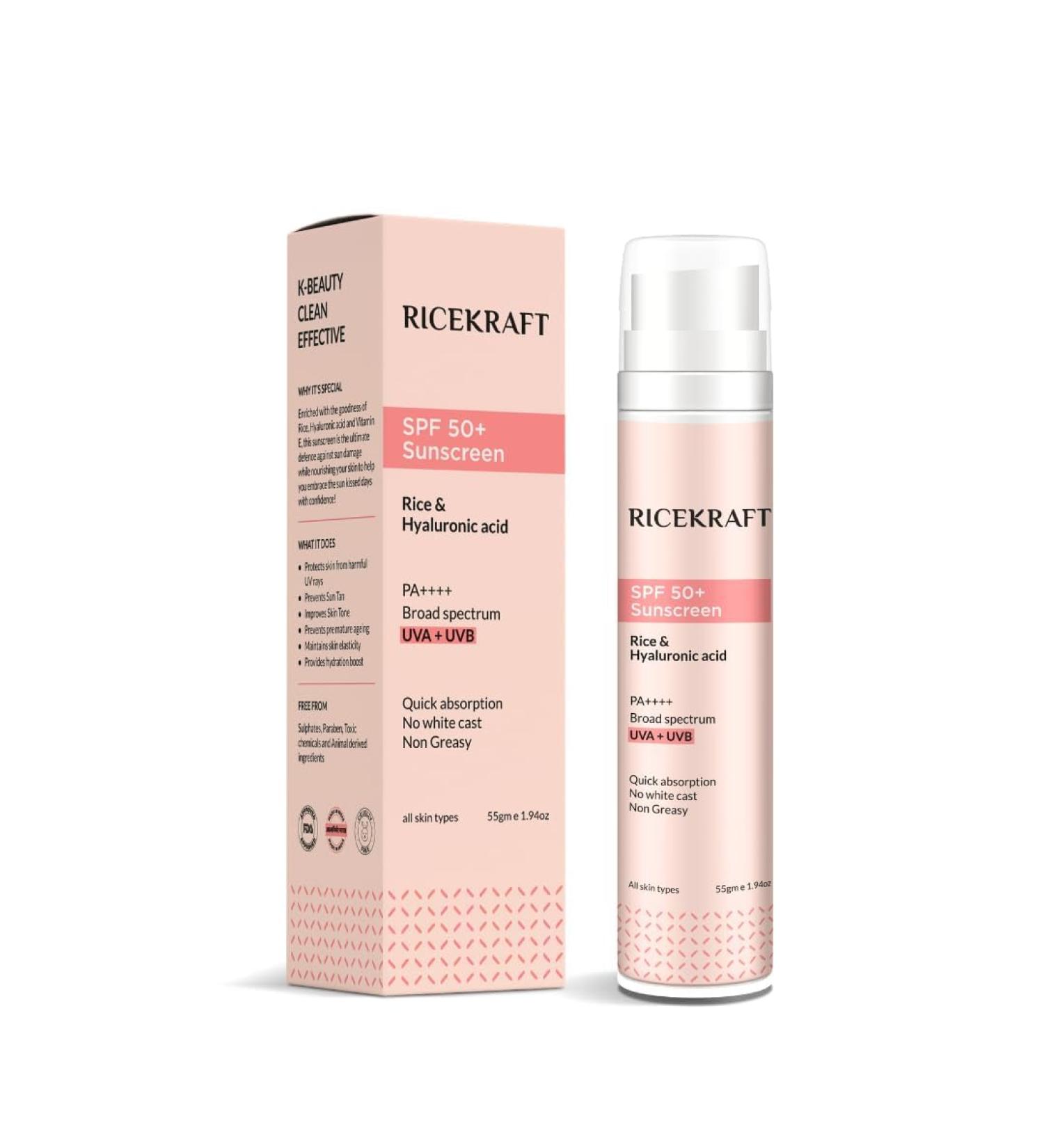 R.ice'kraft SPF 50+ Korean Sunscreen with Rice & Hyaluronic Acid for Broad Spectrum PA++++ Protection | Light weight | Quick absorption No White Cast and Non Greasy | Fragrance Free | For Oily Dry Combination Acne Prone Skin | 55g - Buy Online on GoSupps.com