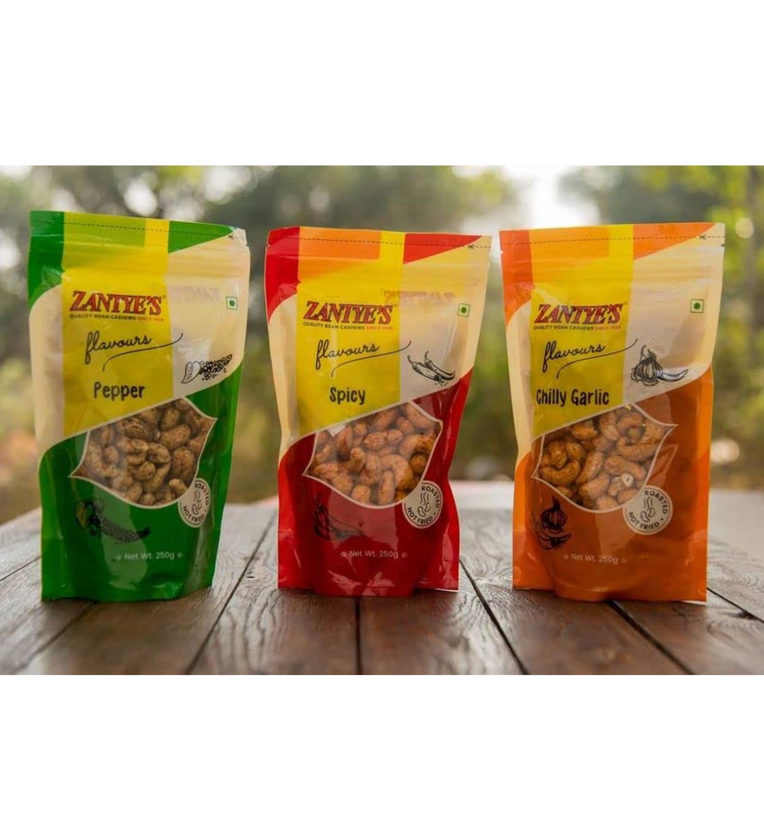 Zantye's Original Goan Cashews 3 Flavours box Spicy/ChillyGarlic/Pepper Flavour - Buy Online on GoSupps.com