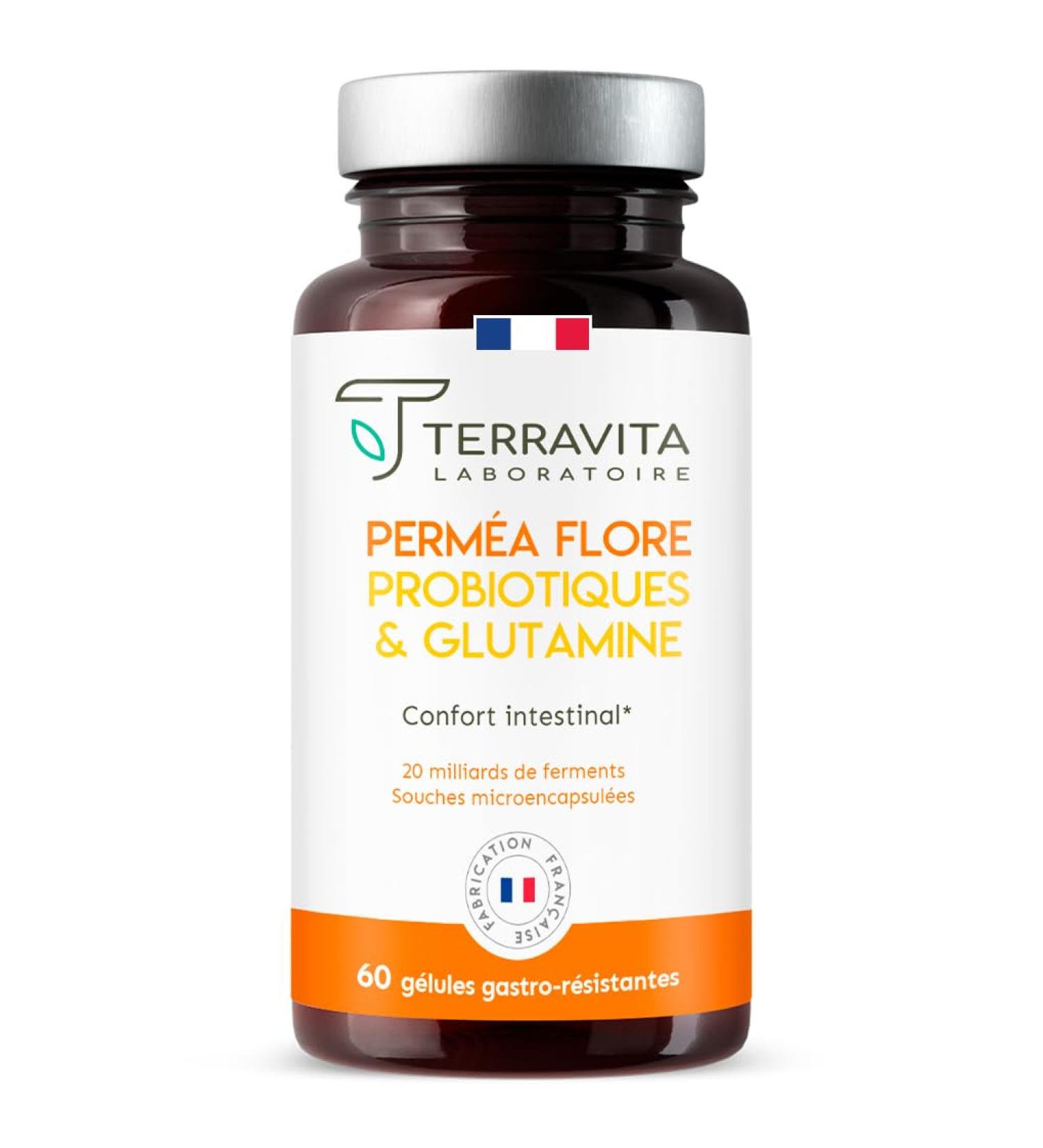 PERMEA FLORA | Probiotics and Glutamine | Intestinal Flora and Mucosal Healing | Ideal Against Intestinal Permeability | 60 Gastro-resistant Capsules | Made in France | Terravita - Buy Online on GoSupps.com