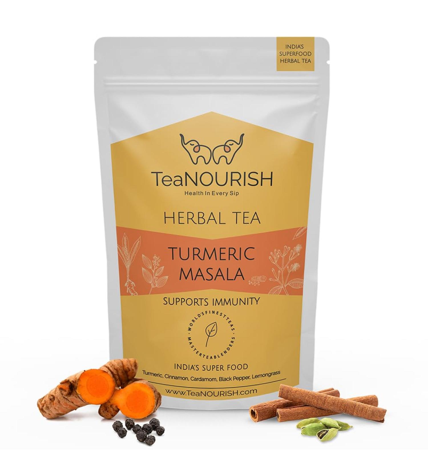 Teanourish Turmeric Masala Herbal Tea - Caffeine-Free 100% Natural Immunity Support | Turmeric Cinnamon Cardamom Black Pepper Lemongrass - 100g Pack - Buy Online on GoSupps.com
