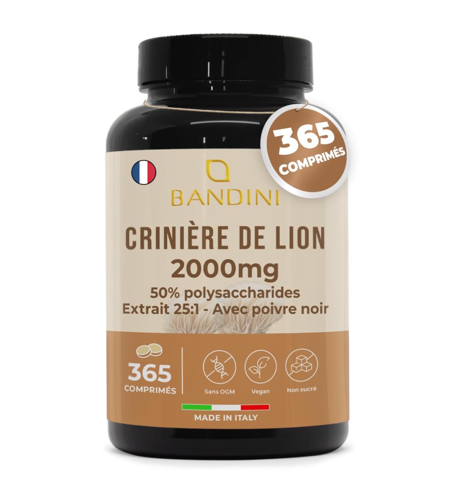 Bandini Lion's Mane 2000mg | 365 1 Year Vegan Tablets (1 tablet per day) | 25:1 Lion's Mane Mushroom Extract with Black Pepper | 50% Polyphenols | Hericium Erinaceus 100% Vegan Mushroom - Buy Online on GoSupps.com