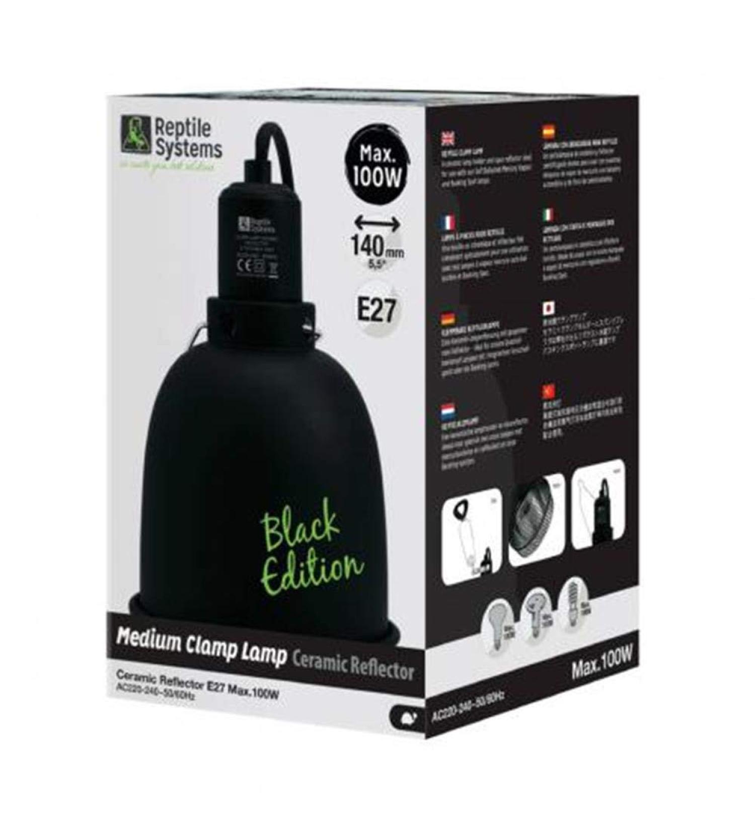 Reptile Systems D3 E27 BLACK EDITION Ceramic Clamp Lamp with Reflector | MEDIUM 140mm | 100w MAX