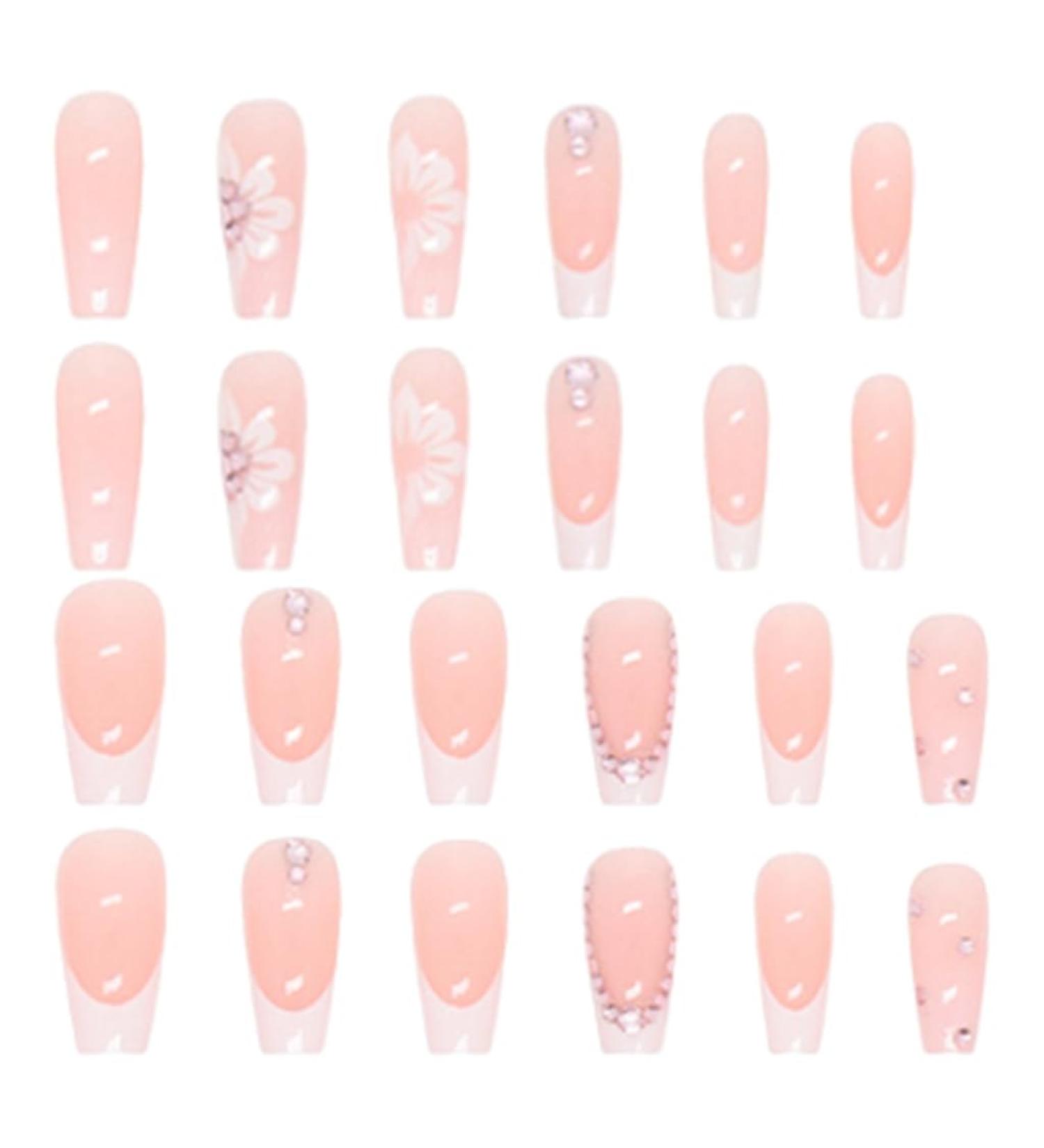 PLCPDM False s Flower Full Cover Tips French White Tip Stick On Rhinestones Press On for Women 1 set 1 box - Buy Online on GoSupps.com