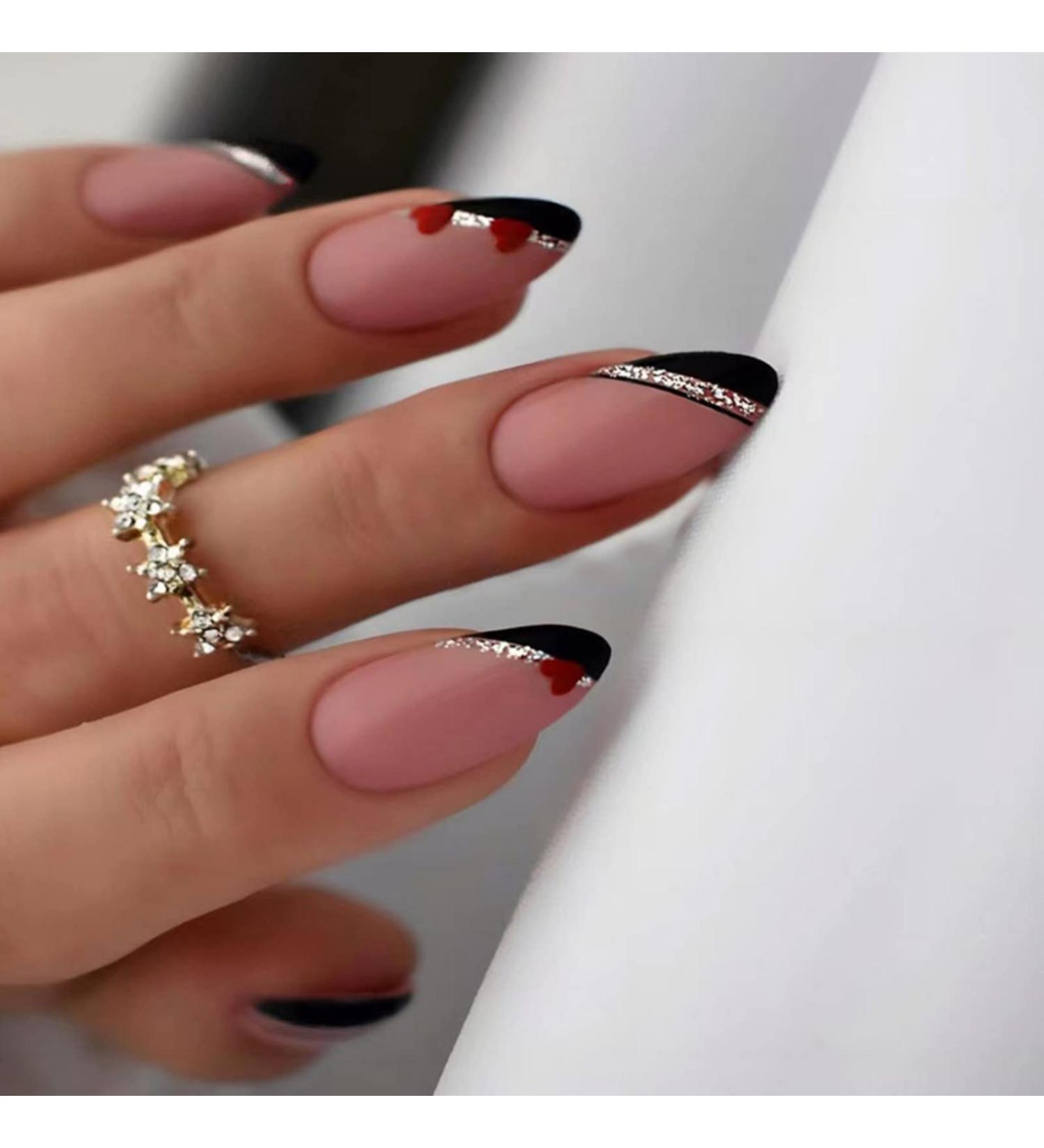 Justotry 24 Pcs Gold Swirl Stiletto False Nails Short with Heart French Press on Nails - Nail Glue Included | Almond Stick on Nails for Women - Black & Heart Design | Nail Art Fake Nails - Buy Online on GoSupps.com