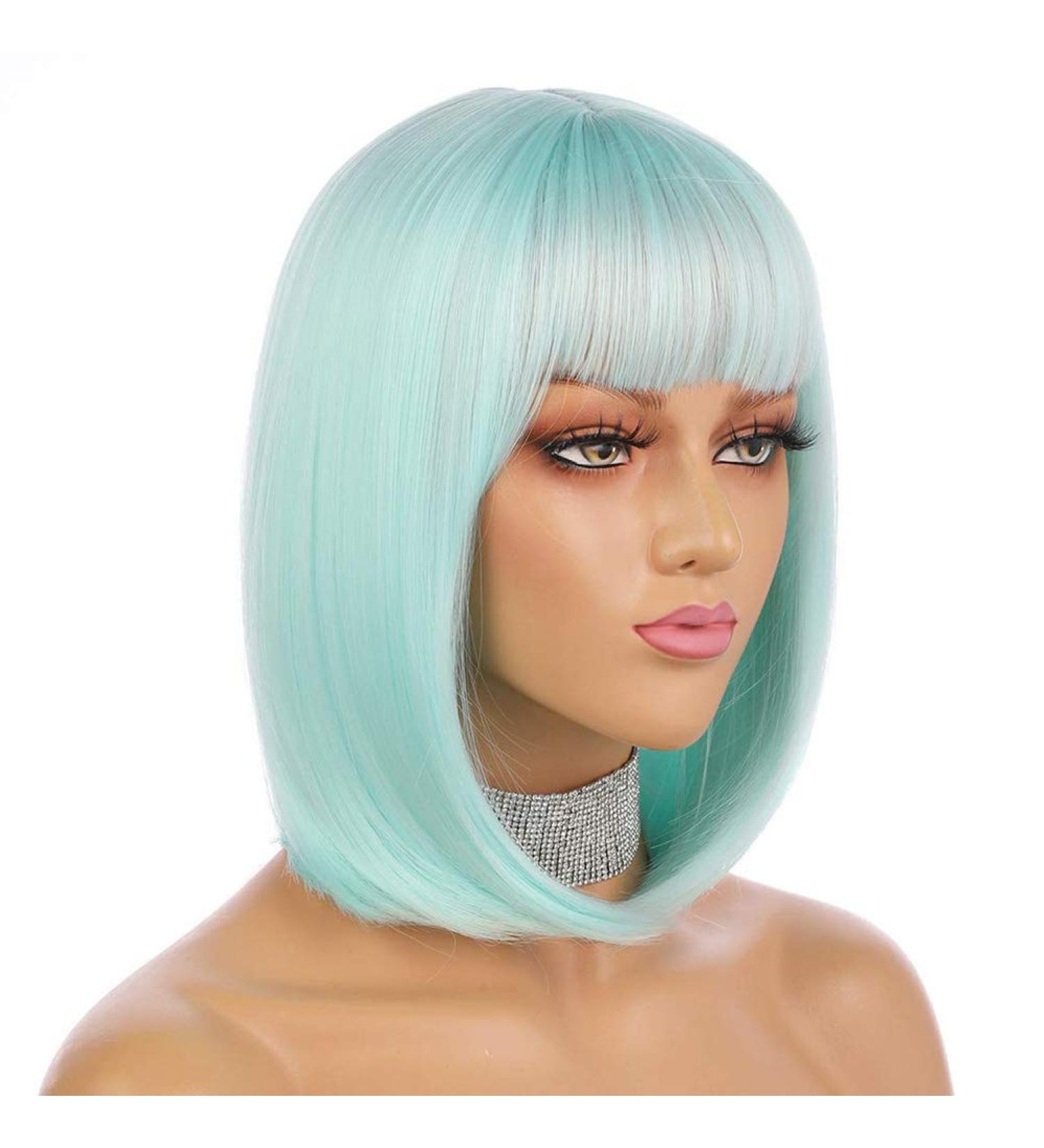 eNilecor Mint Green Short Bob Wig ? 12 Straight Synthetic Hair with Bangs | Cosplay & Daily Use + Free Wig Cap - Buy Online on GoSupps.com