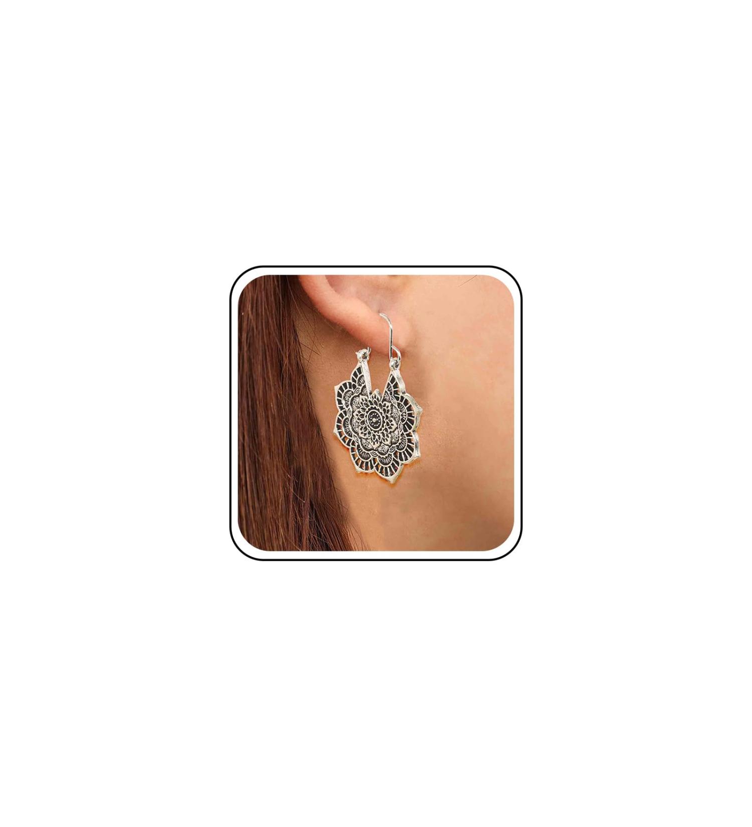 Boho Mandala Flower Earrings | Gold & Silver Tribal Drop Dangle Jewelry for Women & Girls - Buy Online on GoSupps.com