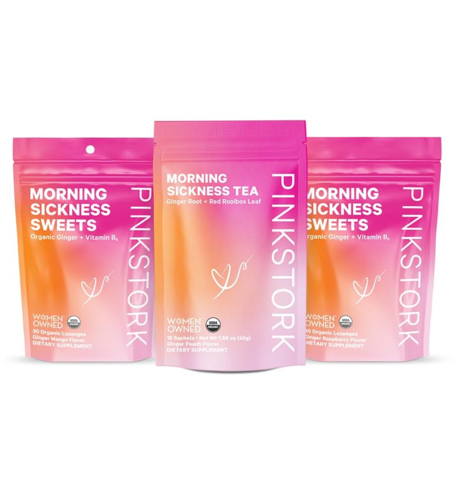 Pink Stork Morning Sickness Bundle: Organic Ginger Peach Tea & Sweets for Pregnant Women | Supports Digestion & Motion Sickness | 1st Trimester Pregnancy Must-Haves (Set of 3) - Buy Online on GoSupps.com
