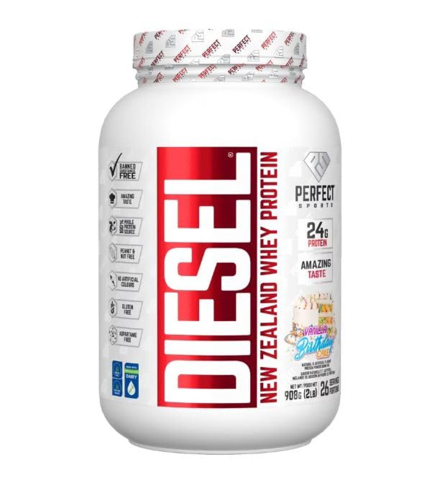 PERFECT Sports Diesel Whey Protein Powder | New Zealand Grass-Fed & Pasture Raised - 2 LB (Vanilla Birthday Cake) - Buy Online on GoSupps.com