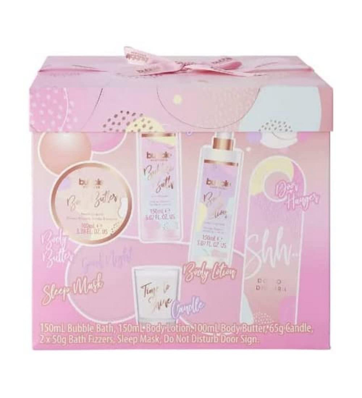 Style and Grace Bubble Boutique Set for Women - 8 Pc Set 5.07oz Bubble Bath 5.07oz Body Lotion 3.38oz Body Buttter 2.29oz Candle 2 x 1.76oz Bath Fizzers Eye Mask Door Hanger
