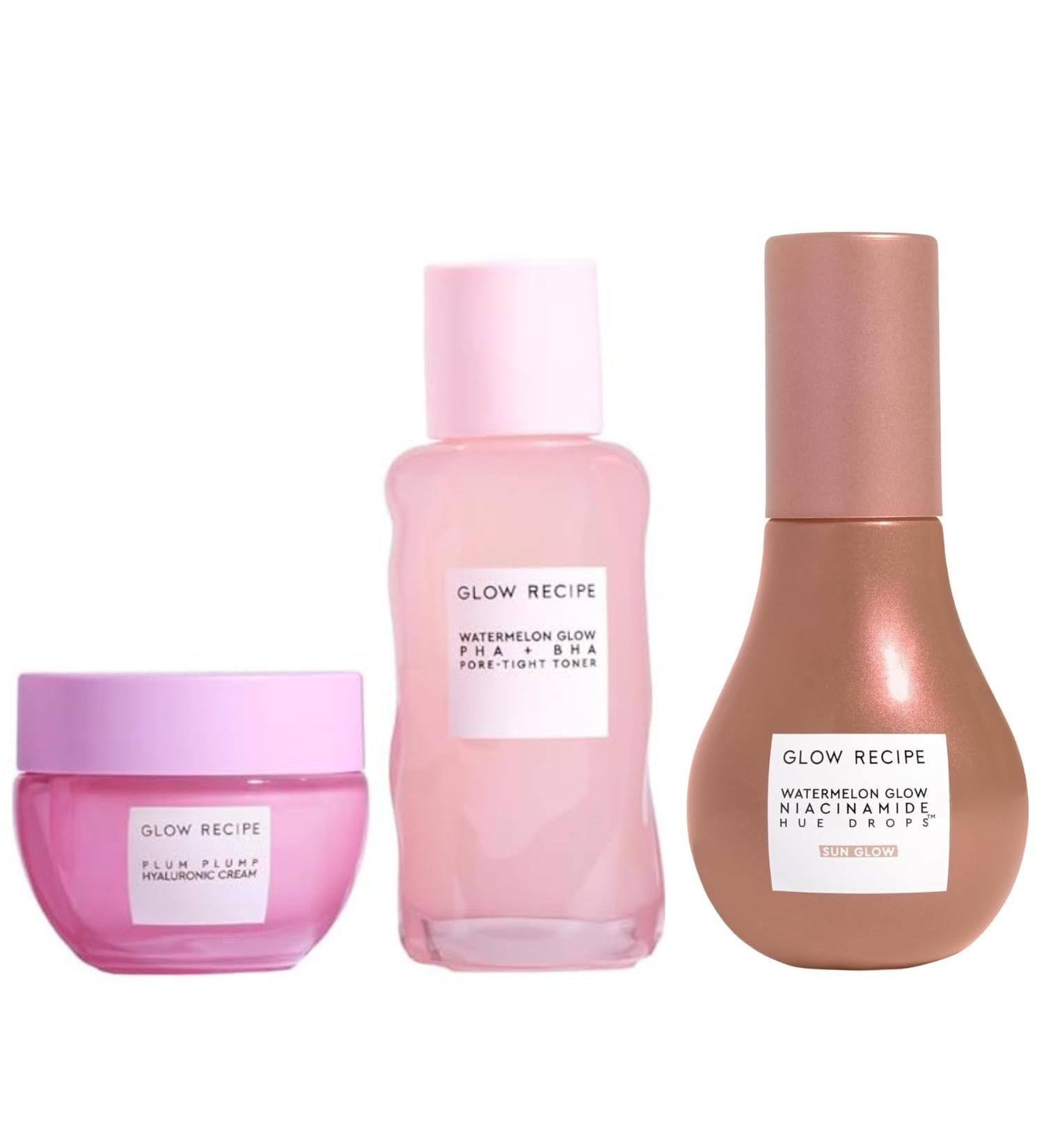 Glow Recipe Watermelon BHA + PHA Pore Tight Facial Toner (40 ml) + Plum Plump Hyaluronic Acid Cream (20 ml) + Niacinamide Bronzing Hue Drops (40 ml) - Skincare Travel Kit for Glowing Skin - Buy Online on GoSupps.com
