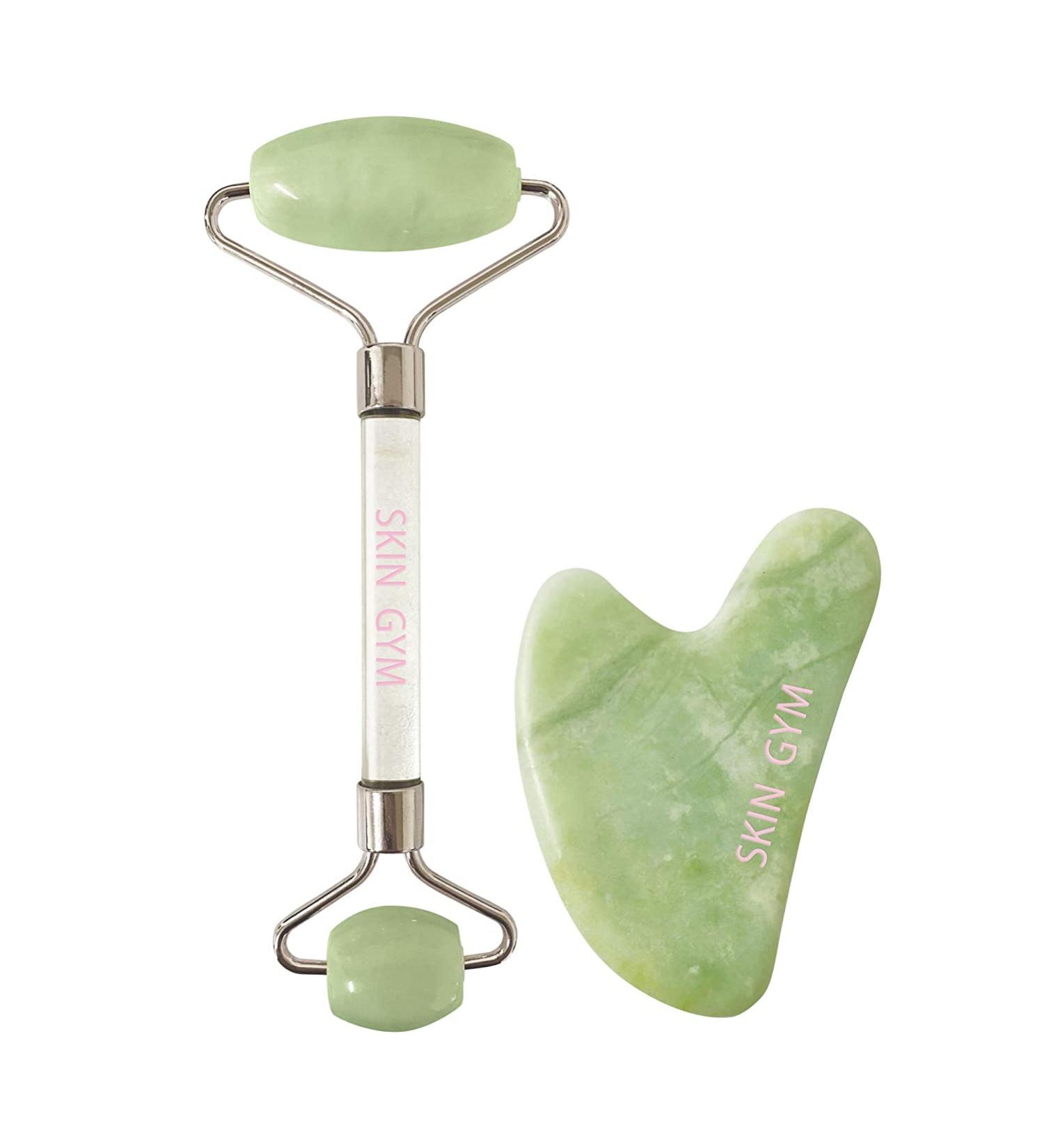 Skin Gym Facial Roller and Gua Sha Workout Set for Wrinkles and Fine Lines Anti-Aging Face Lift Skin Care Beauty Tool Jade