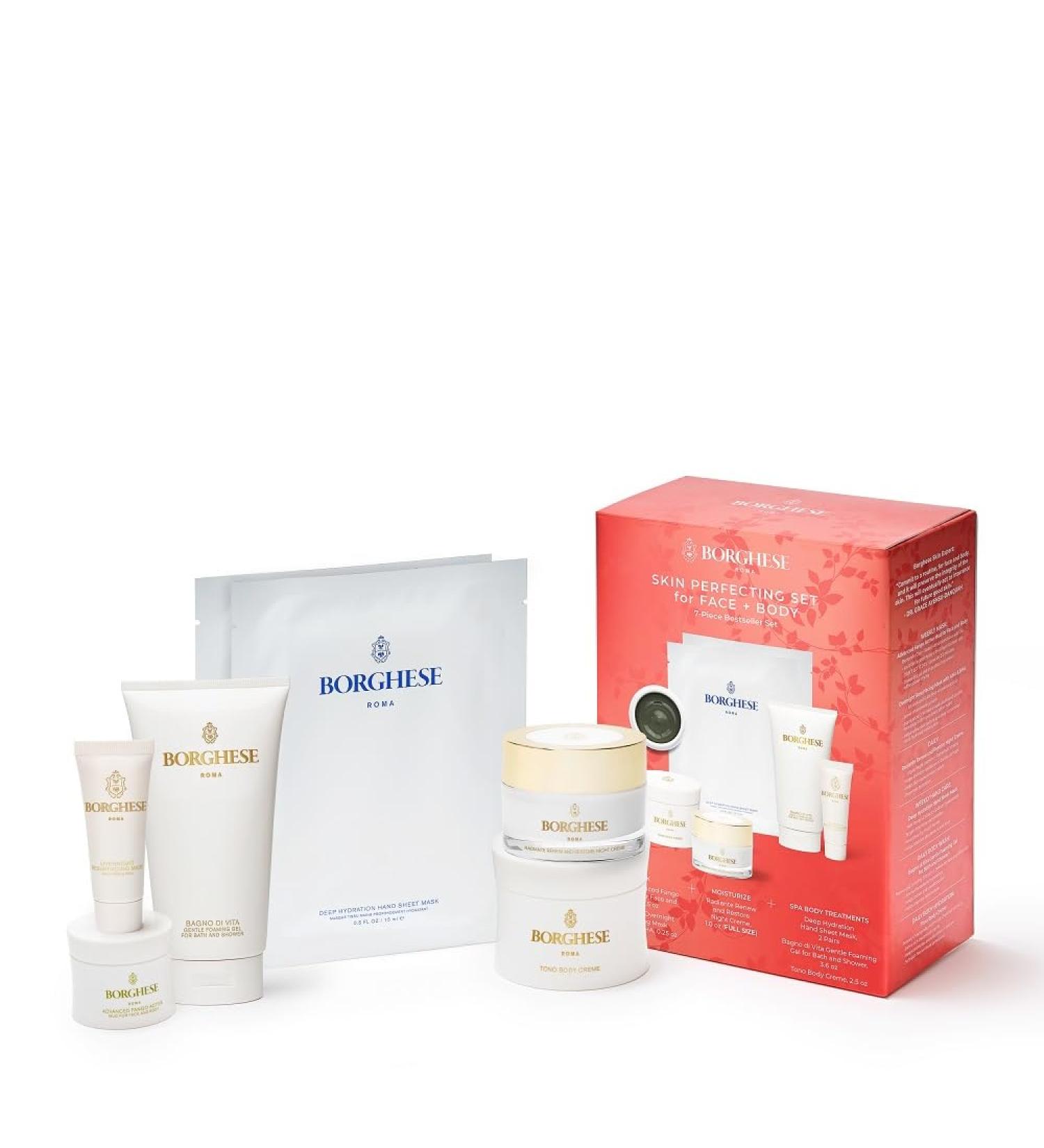 Borghese 7-Piece Skin Perfecting Gift Set - Includes Mud Mask AHA BHA Overnight Mask Night Face Cream Hand Sheet Masks Shower Gel & Body Cream