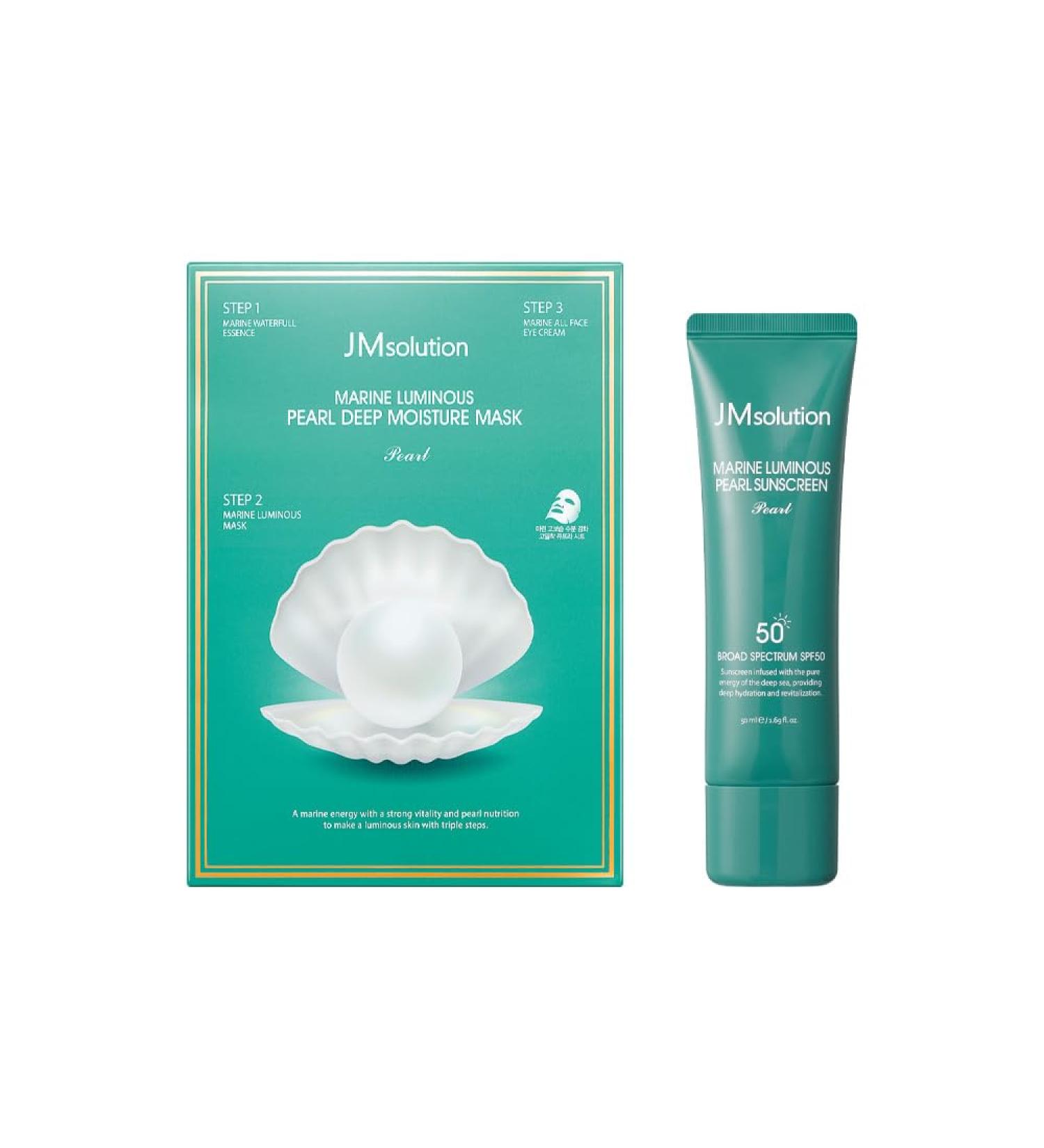 JMsolution Marine Luminous Pearl Sunscreen SPF 50 & 3-Step Deep Moisture Mask Bundle | Hydrating & Brightening Korean Skincare | Daily UV & Blue - Buy Online on GoSupps.com