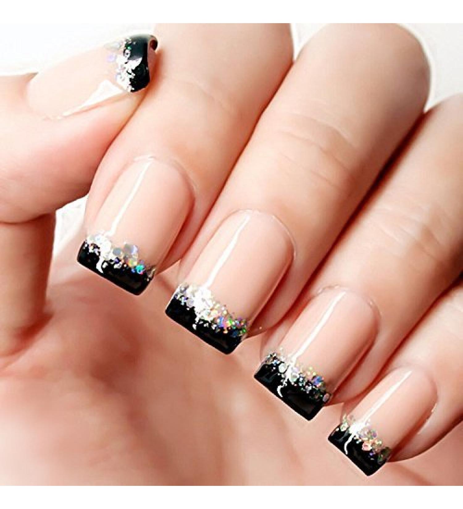 French Fake Nails - Nude & Black Glitter Artificial Nails for Daily Wear | Medium Size False Nails - Buy Online on GoSupps.com