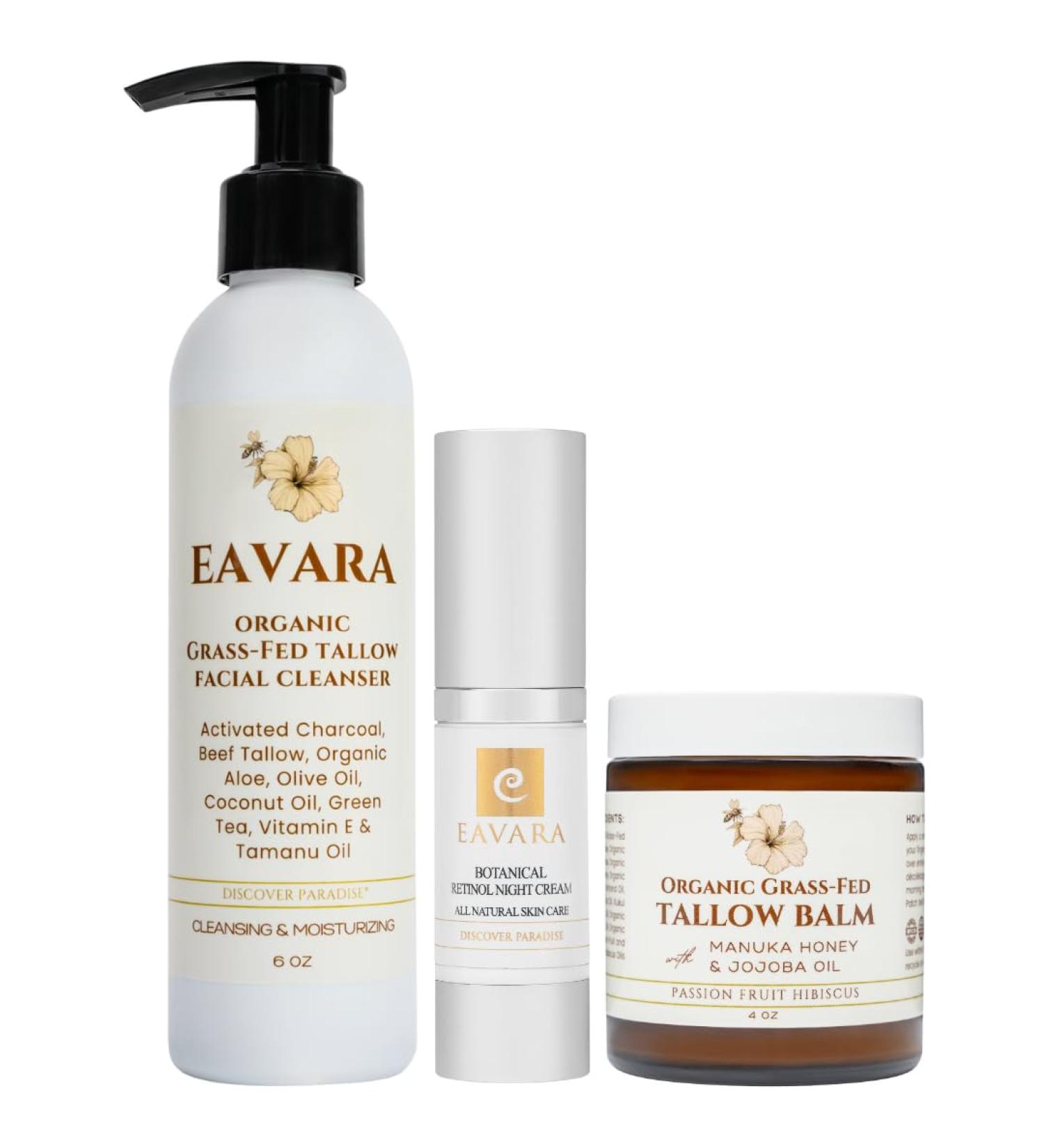 Eavara Beef Tallow Face Wash Night Cream and Tallow Balm Set Ultra-Hydrating Skincare Trio with Grass-Fed Tallow Retinol Aloe and Shea Butter Gently Cleanses Deeply Moisturizes Overnight - Buy Online on GoSupps.com