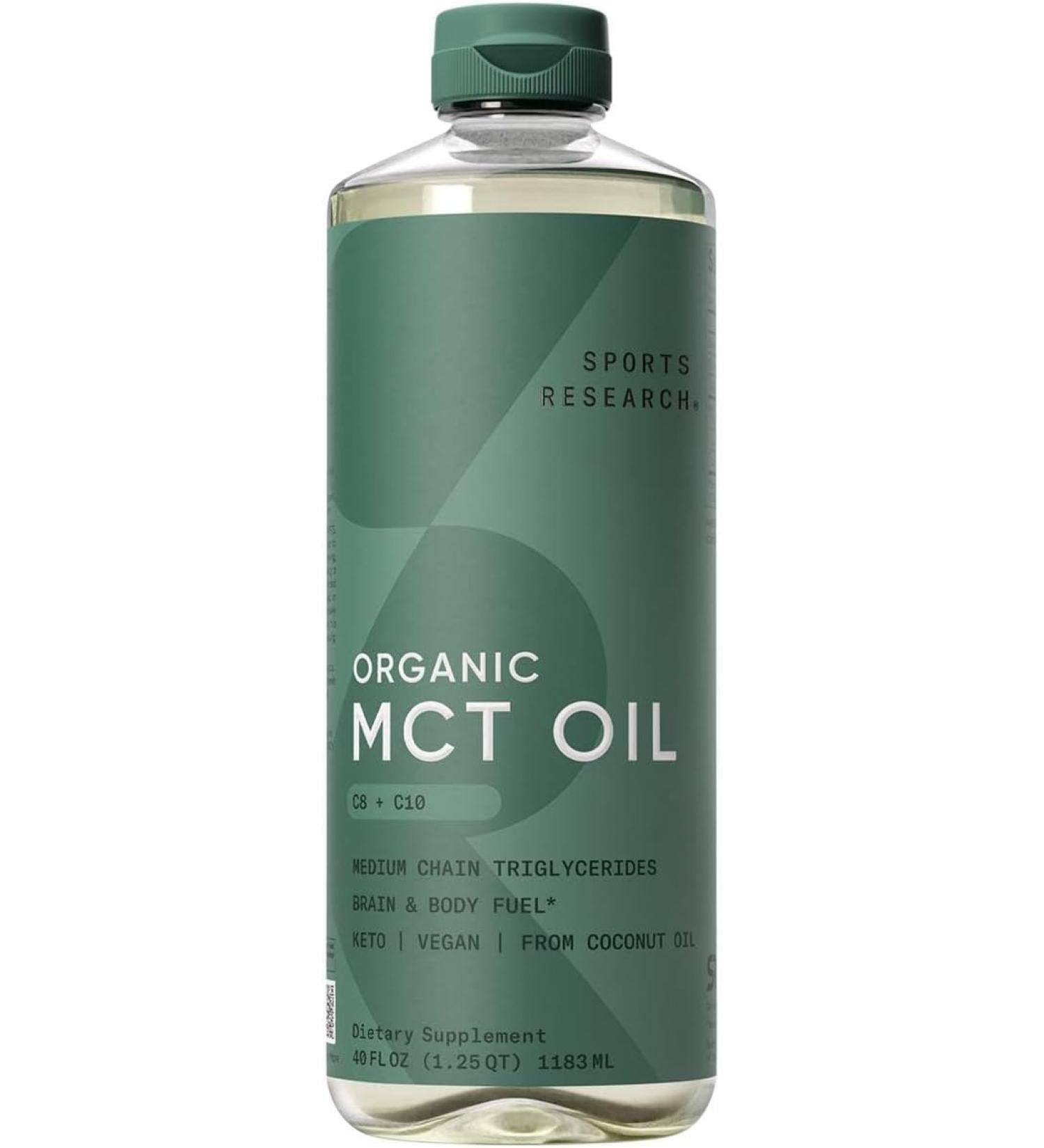 Sports Research Keto MCT Oil from Organic Coconuts - Fatty Acid Fuel for Body + Brain - Dual Ingredient C8 and C10 MCTs - Perfect in Coffee  Tea  & More - Non-GMO & Vegan - Unflavored (40 Oz) 40 Fl Oz (Pack of 1) C8 + C10 - Buy Online on GoSupps.com
