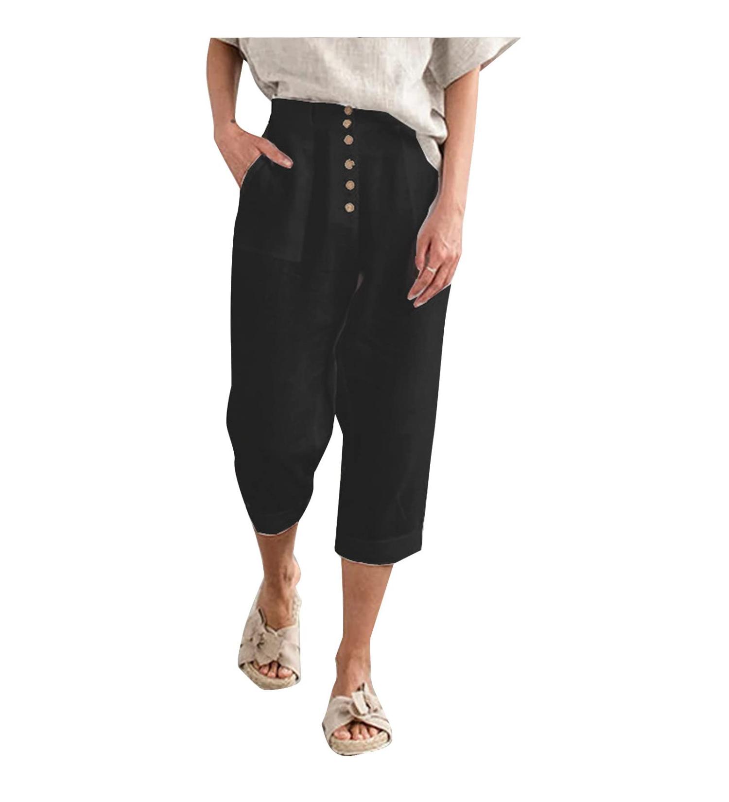 Gufesf Women's Cotton Linen Palazzo Pants - Summer Wide Leg Trousers with Pockets | Black, Small - Buy Online on GoSupps.com