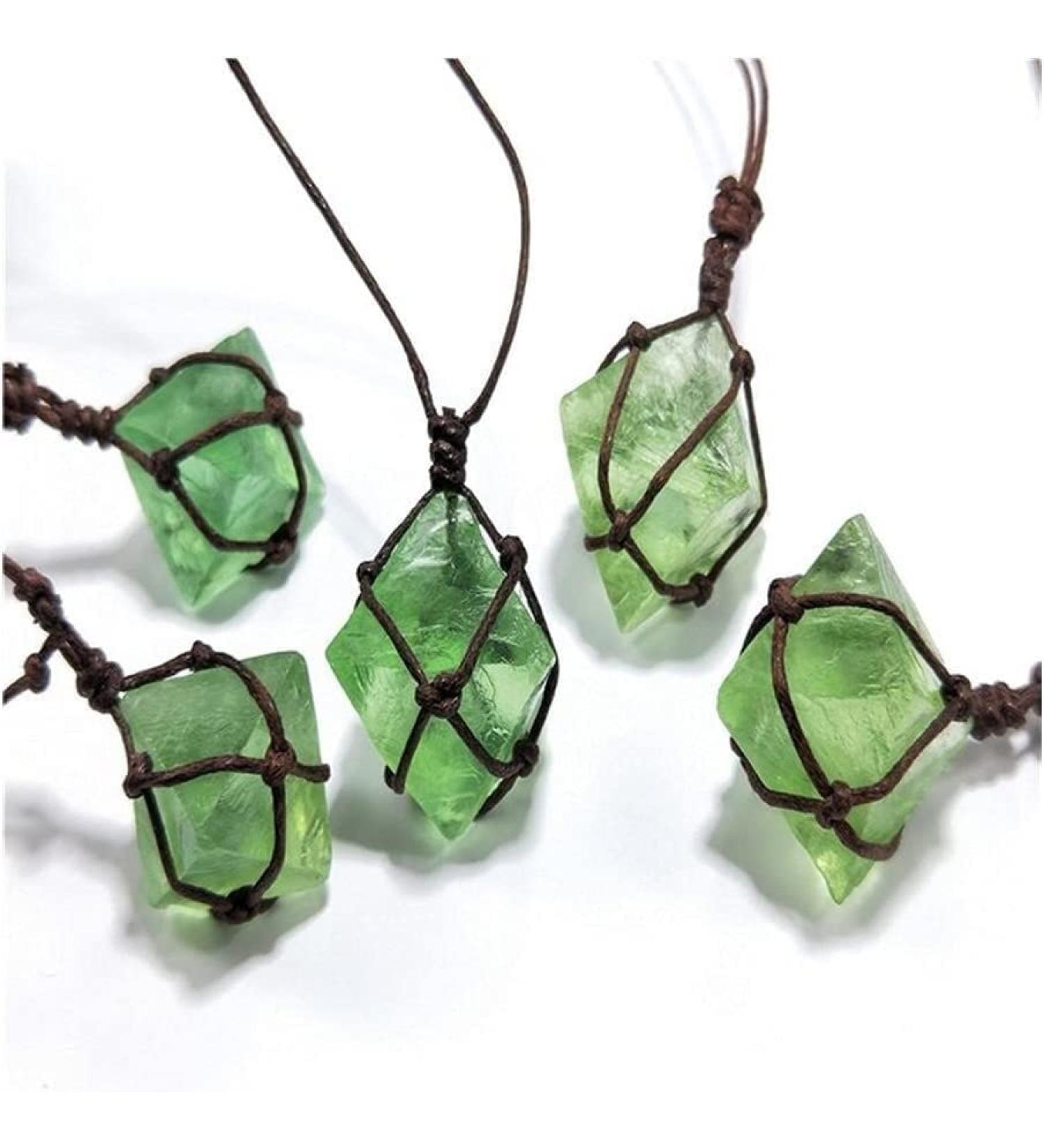 Decorative Ornaments Natural Emerald Crystal Pendant Gemstone Wand Reiki Green Fluorite Wrap Braid Necklace Yoga Macrame Stone Collection - Buy Online on GoSupps.com