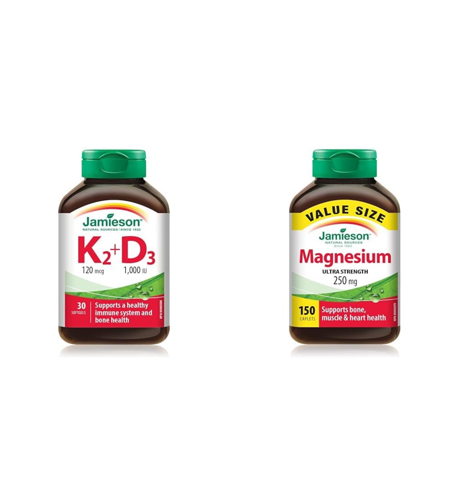 Vitamin K2 120 mcg + Vitamin D3 1 000 IU | Jamieson Magnesium 250 mg Ultra Strength Vitamin K2+D3 + Magnesium 250 mg - Buy Online on GoSupps.com