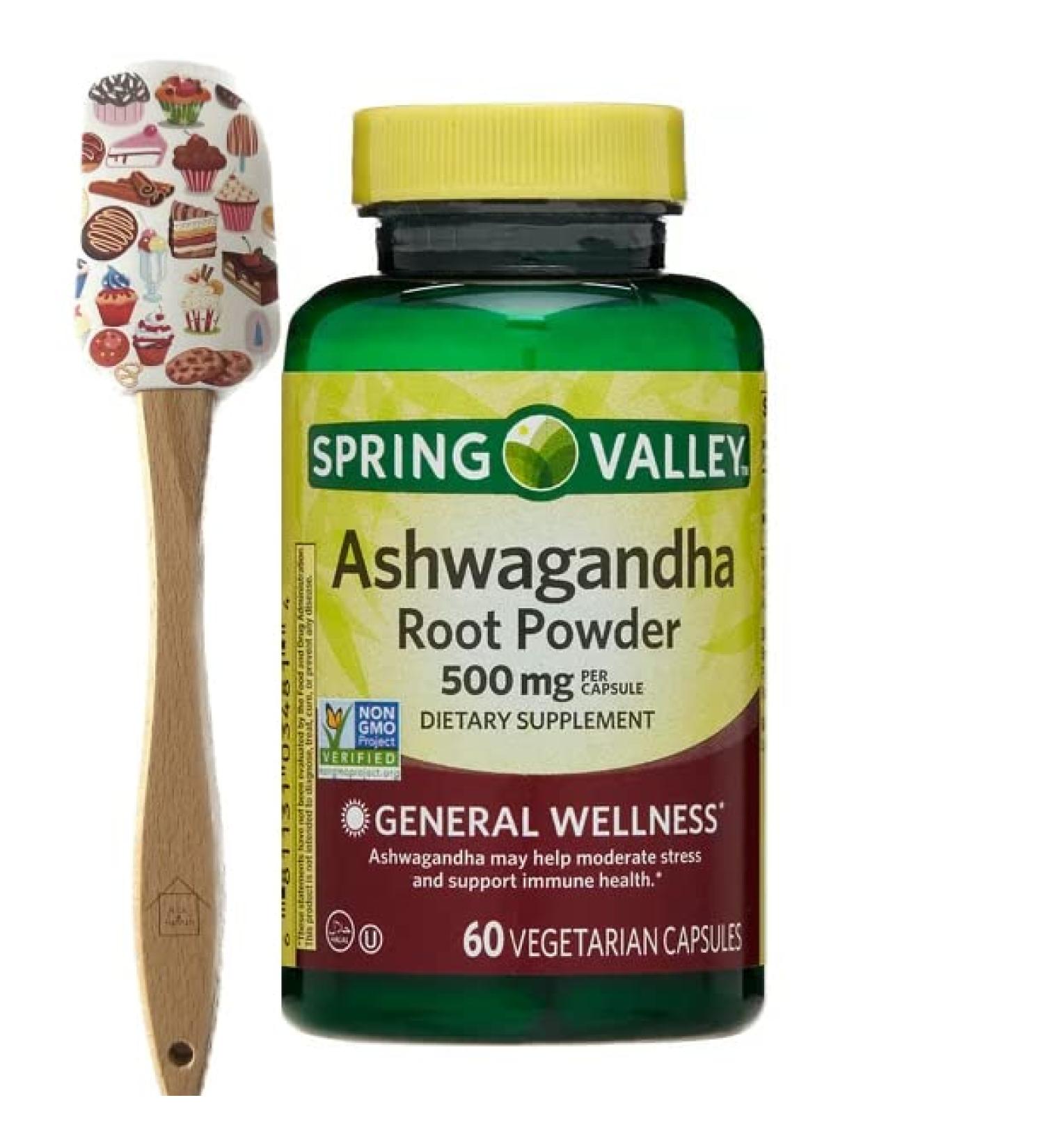 Spring Valley Ashwagandha Root Powder 500mg 60 Capsules + 1 Nick & Hannah Spatula (Style Varies)