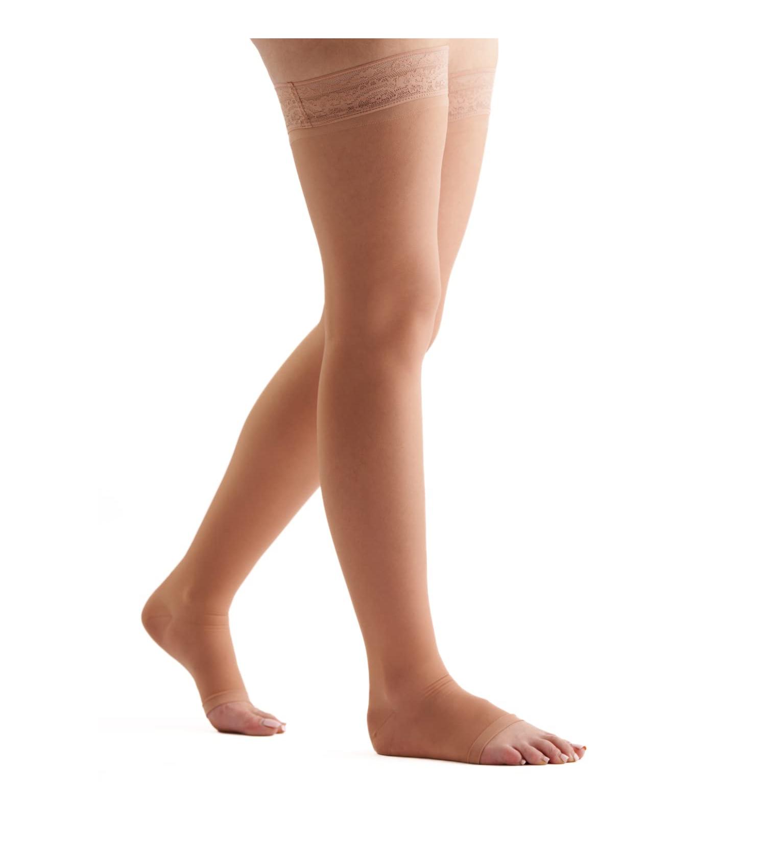 EvoNation Women's USA Made Thigh High Open Toe Compression Stockings 20-30 mmHg - Small Tan Beige Nude - Buy Online on GoSupps.com