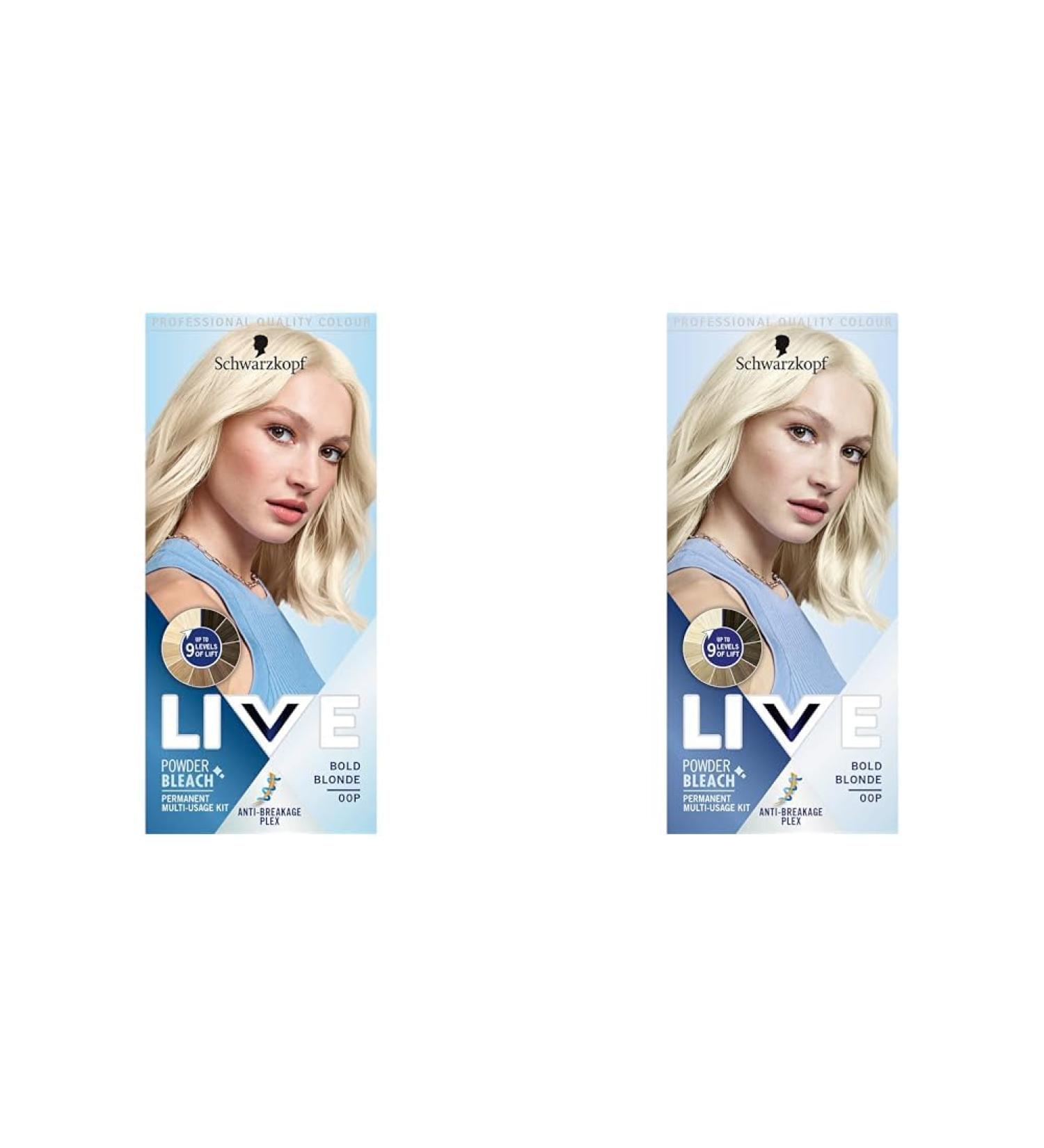 Live Schwarzkopf LIVE Powder Bleach Bold Blonde Permanent Hair Dye Lifts Up to 9 Levels Plex Technology 00P 157.0 gram (Pack of 2) Bold Blonde 157.00 g (Pack of 2) - Buy Online on GoSupps.com