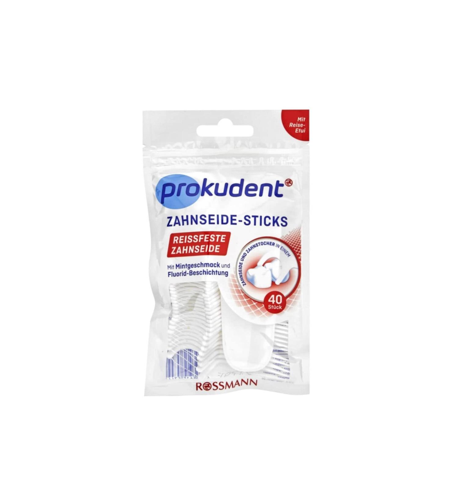 Prokudent dental floss sticks 1 x 40 pieces tear-resistant dental floss with travel case with mint flavor & fluoride coating
