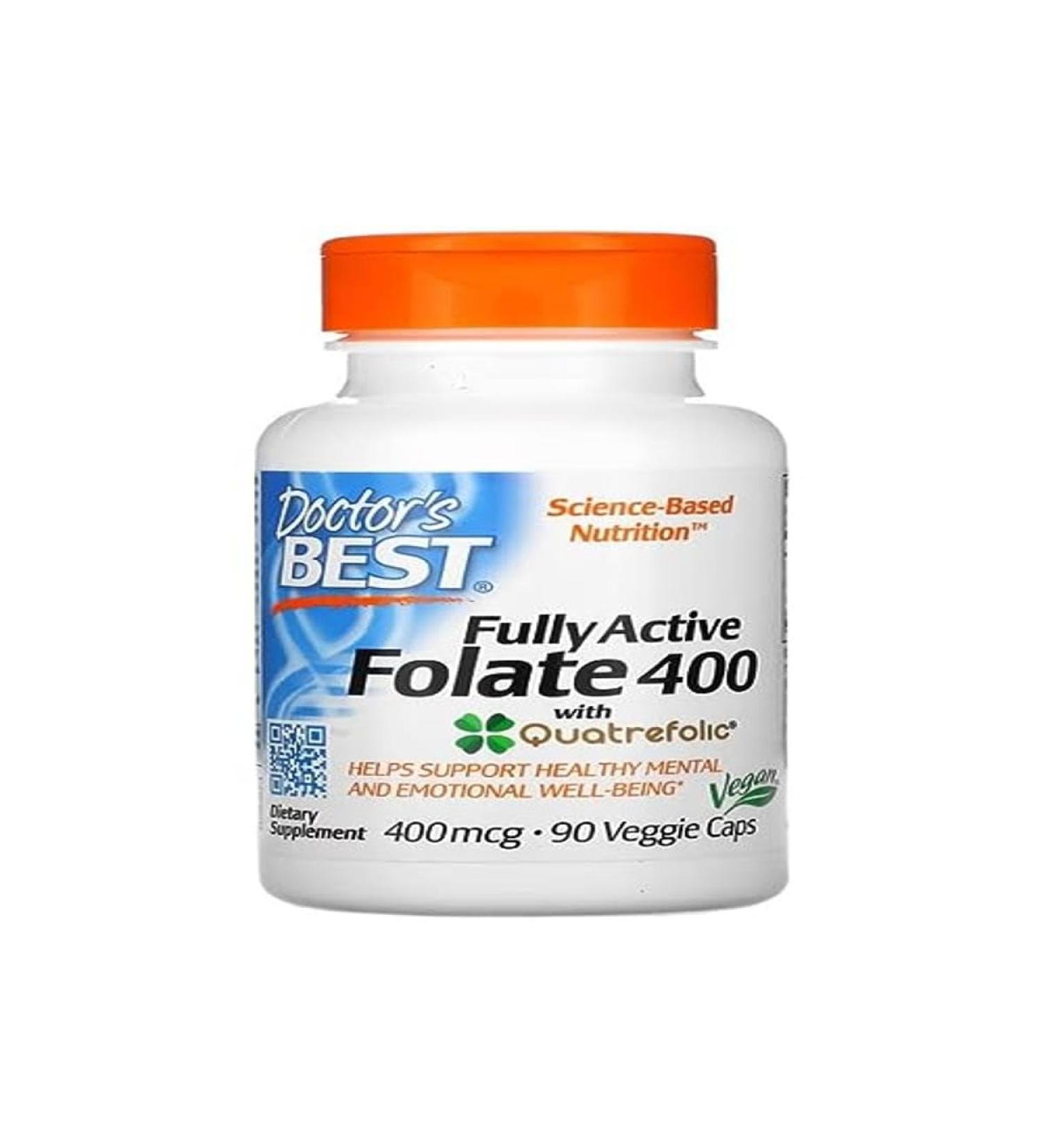 Doctor's Best Fully Active Folate 400 with Quatrefolic, Supports Cardiovascular and Nervous Health, 90 Vegan Capsules, Bioactive Vitamin B for Better Absorption