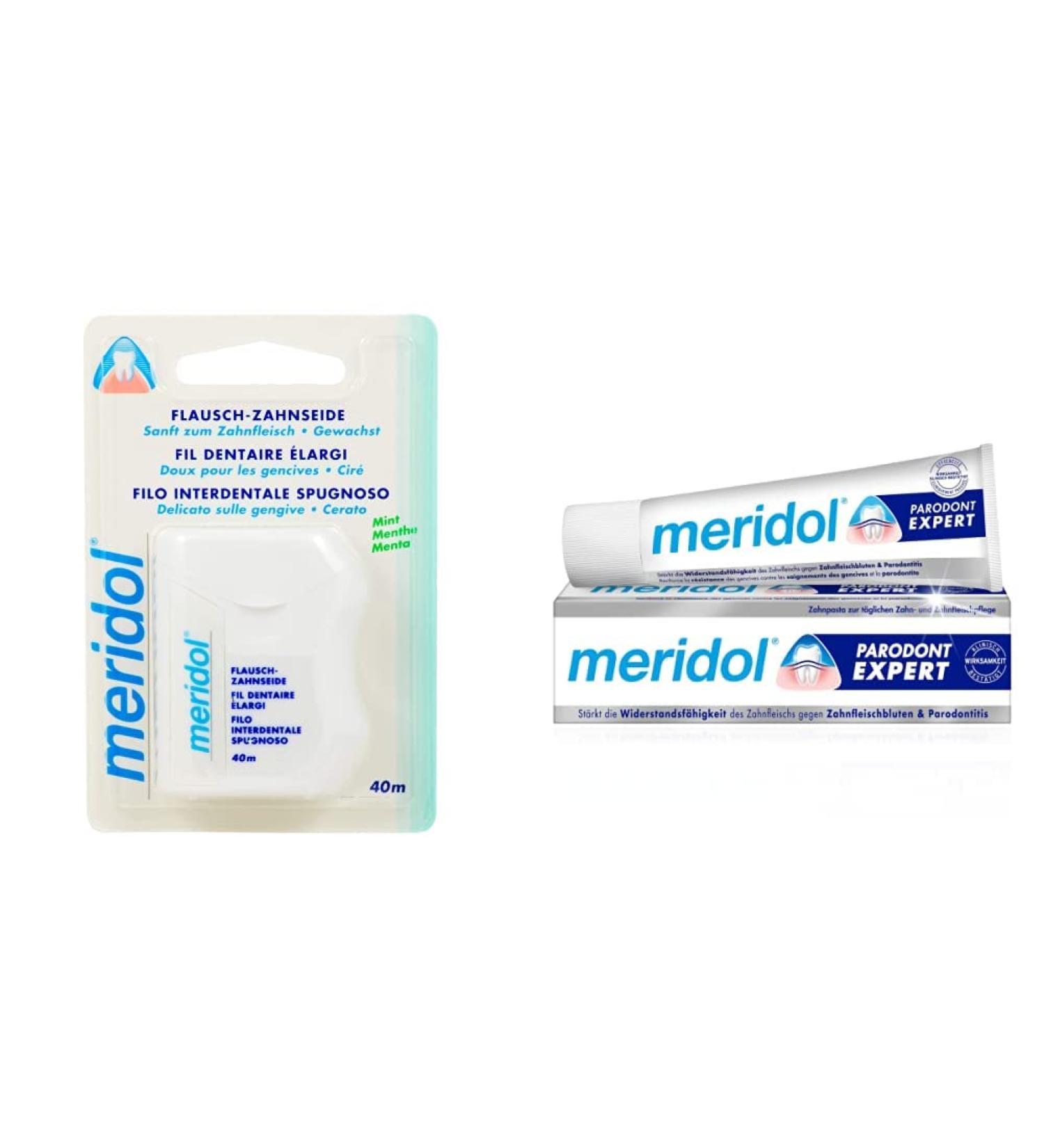 Meridol Fluff-Toothed Silk Mint Dental Floss & Parodont Expert Toothpaste Bundle - 40m Floss + 75ml Antibacterial Toothpaste for Healthy Gums - Buy Online on GoSupps.com