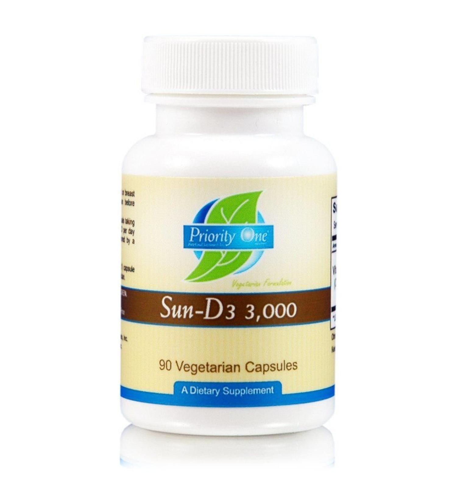 Priority One Vitamins Sun D3 3 000 90 Vegetarian Capsules - The Most bioavailable Form of Vitamin D (cholecalciferol).*