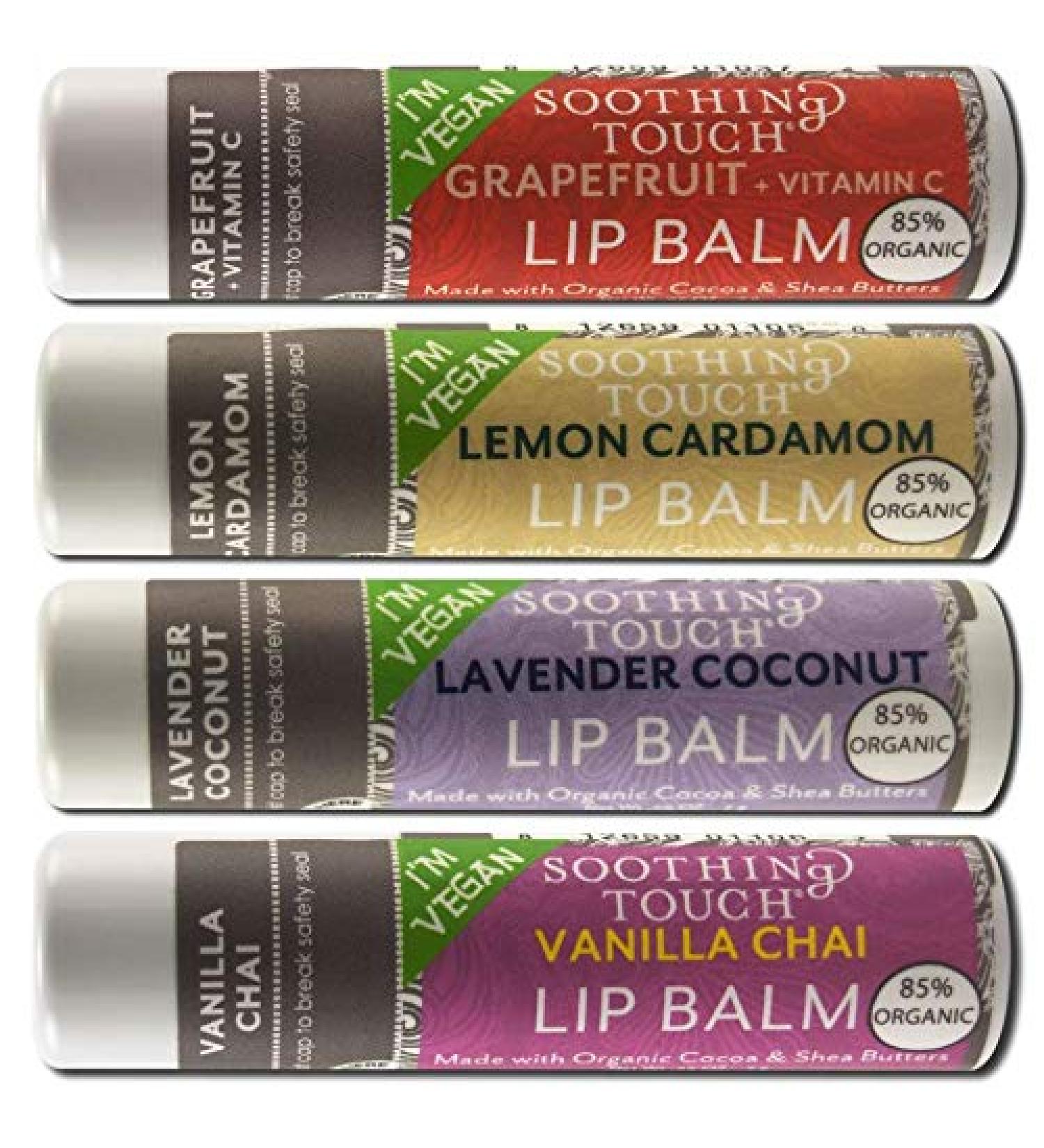 Soothing Touch Vegan Lip Balm Variety Pack - Grapefruit Lemon Cardamom Coconut Lavender Vanilla Chai - 4 Pack - Buy Online on GoSupps.com