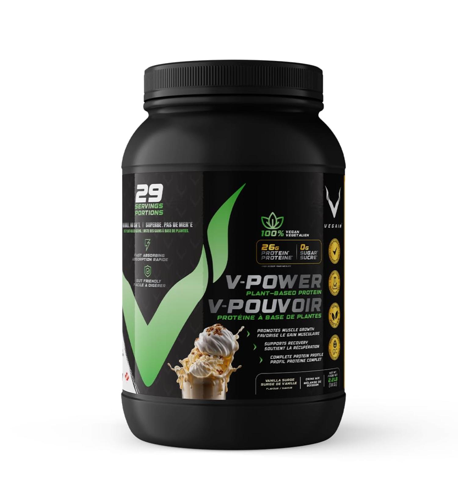 Buy V-Power Plant-Based Protein Powder - Vanilla Surge (1kg) | 26g Protein BCAAs & EAAs Zero Fat/Sugar Dairy-Free All Natural - 29 Servings - Buy Online on GoSupps.com