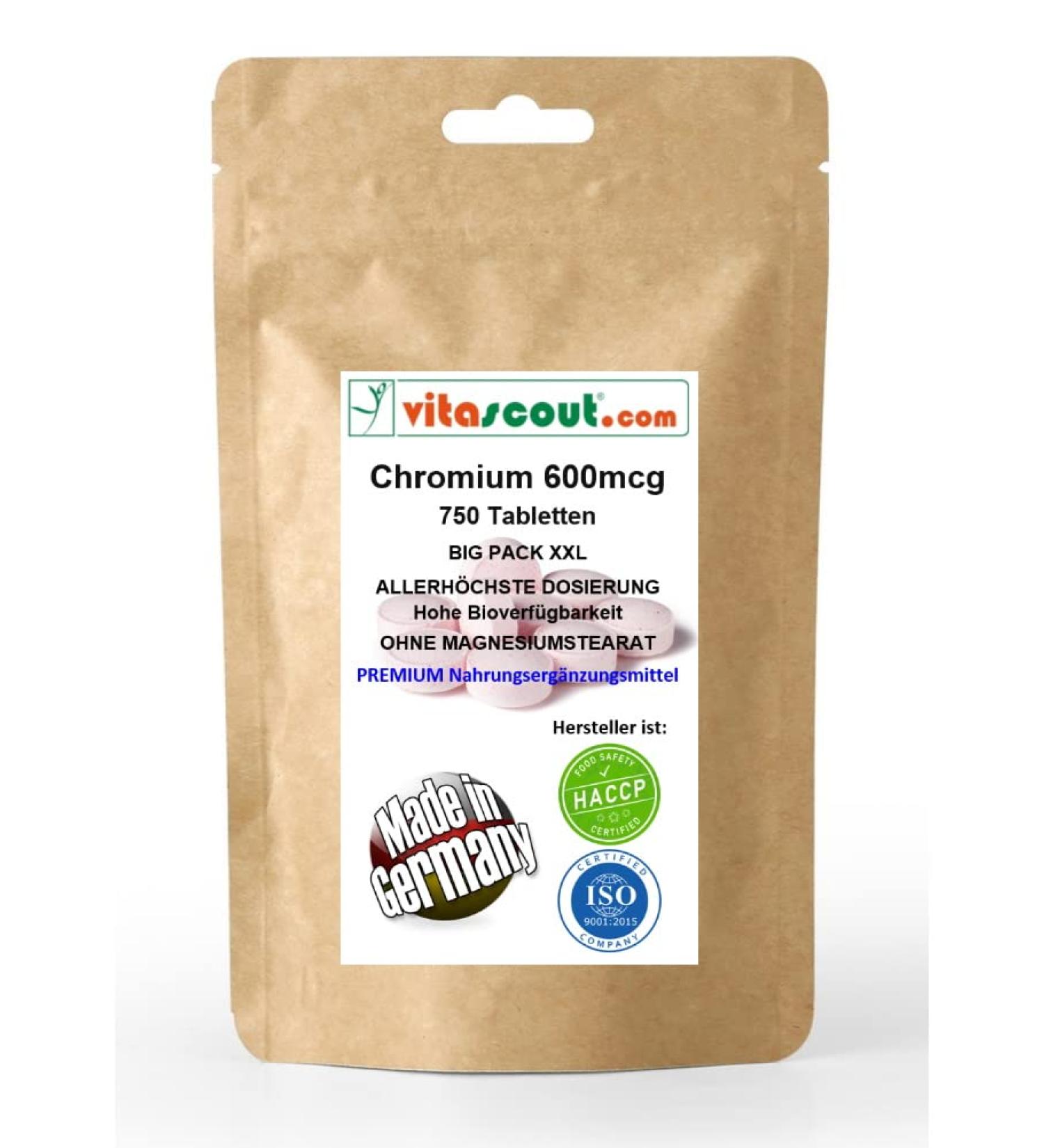 Chromium Picolinate 600mcg - Bulk Pack of 750 Tablets | Made in Germany | No Magnesium Stearate - Premium Quality Supplement - Buy Online on GoSupps.com