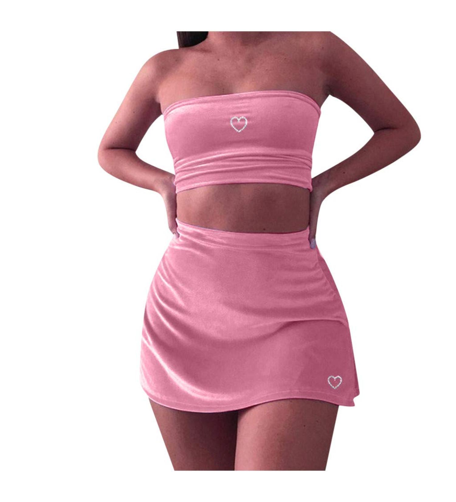 Sexy Heart Shaped Drilling Top for Women with High Waist and Skirt Chewing Gum Machine Costume Pink M - Buy Online on GoSupps.com